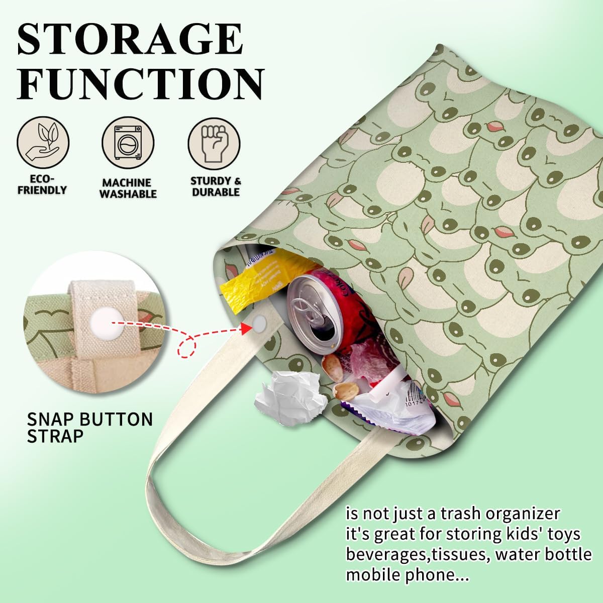 Cute Car Organizer and Storage Bag, Hanging Trash Bin for Vehicle, Travelling, Camping - Cute Green Frog