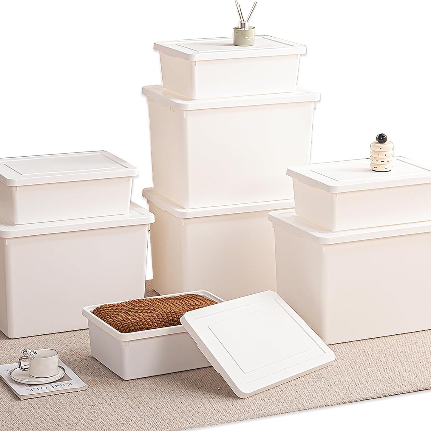 56QT+15QT high-end White multifunction storage bin with lid, Set of 8 Stackable Plastic Boxes with Handles, Office，Garage，Home, for Organizing Snacks, Crafts, Legos, Tools,books