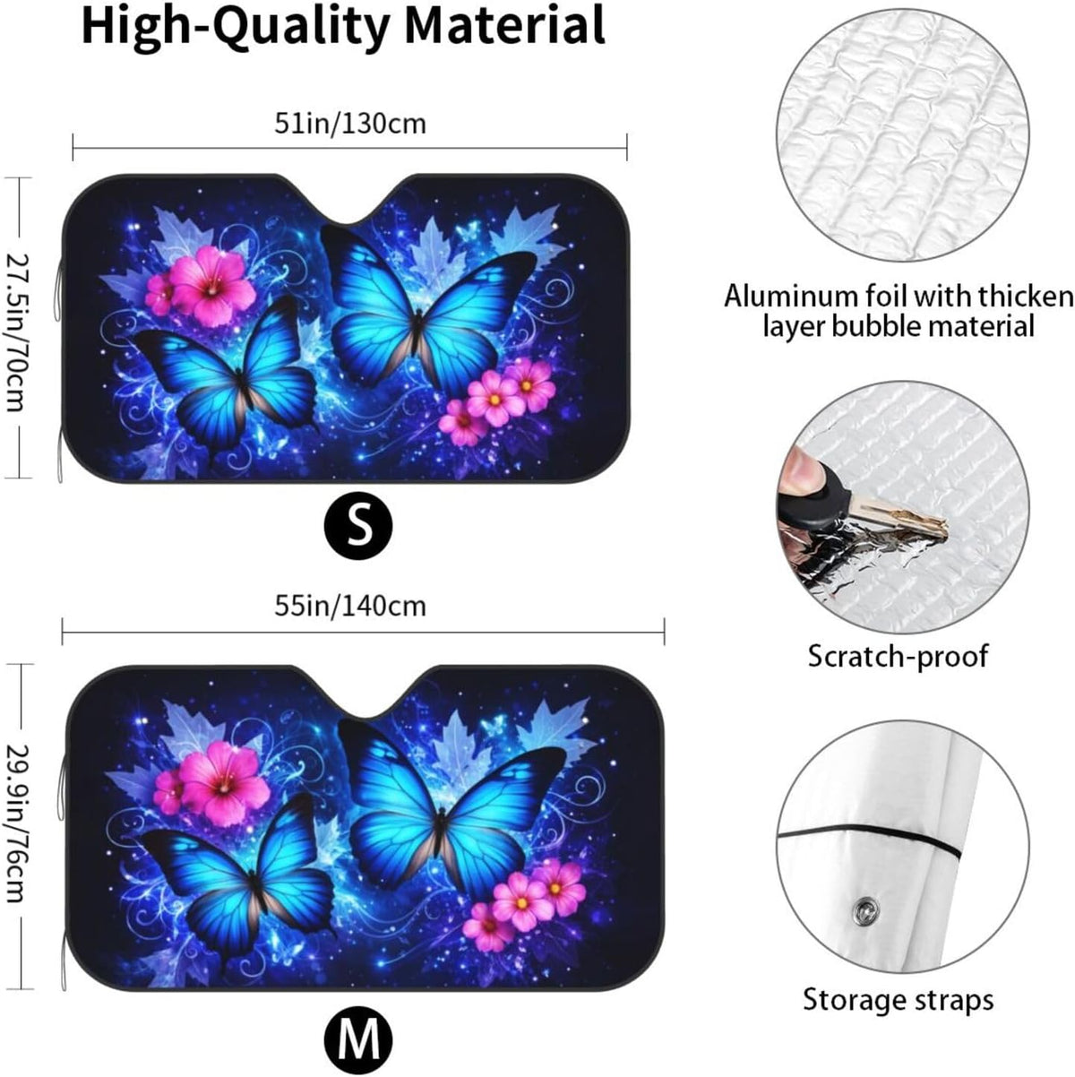 Windshield Sun Shade, UV Blocking and Keep The Vehicle Cool Car Windshield Sun Shade Foldable for Hatchback Truck SUV MPV (Blue Butterfly Floral, M)