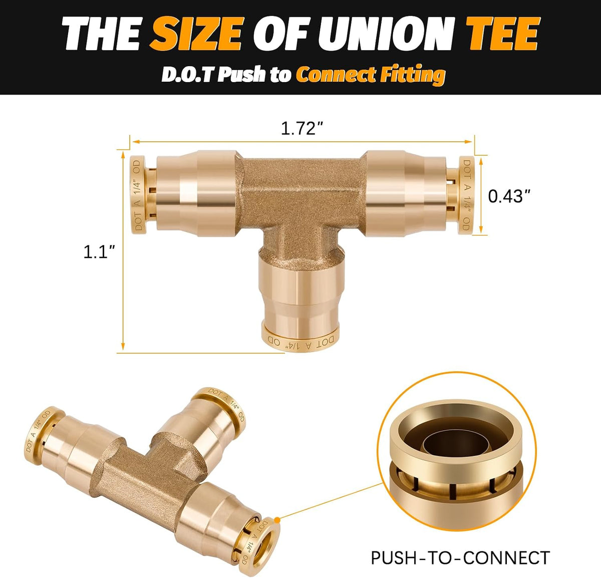 Brass DOT Approved 1/4" Tee Union Push to Quick Connect Fittings