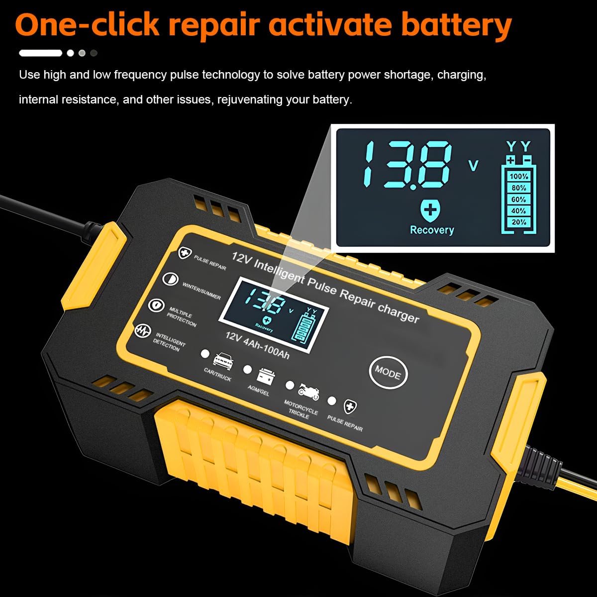 Mandark Car Battery Charger, 12V 6A Smart Fully Automotive Battery Trickle Charger, Portable Vehicle Battery Maintainer Desulfator with Temperature Compensation, Universal for SUV RV Truck (Yellow)