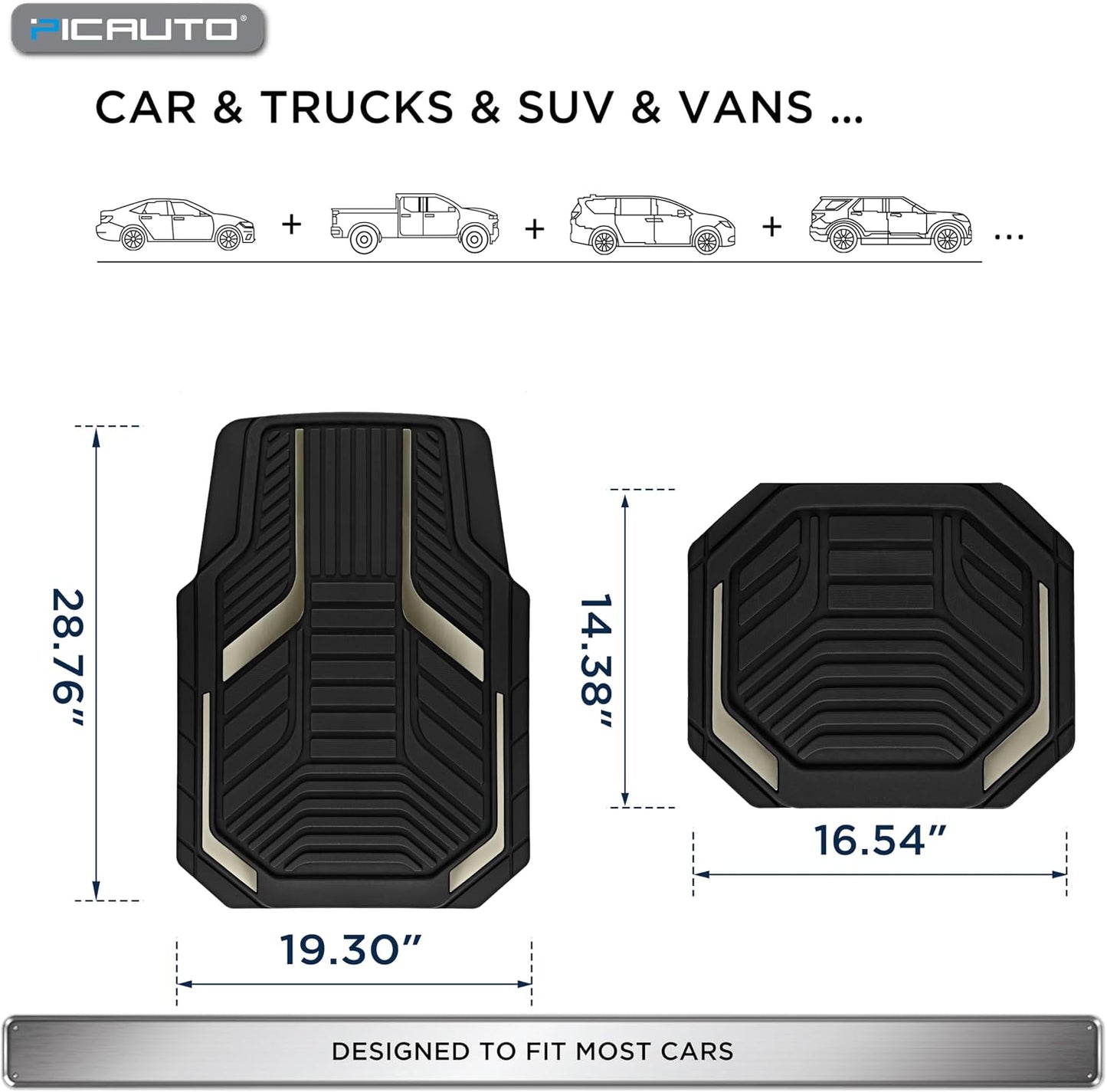 PIC AUTO Heavy Duty Rubber Floor Mats, Gray Aluminum Film Car Mats Set, Front and Rear Car Mats with Anti-Slip Backing, All Weather Protection, Trim-to-Fit for Automotive SUV, Sedan, Van