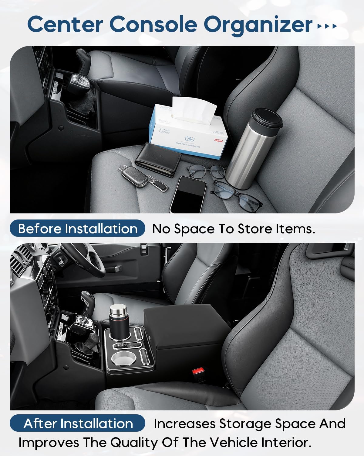 Upgraded Center Console with Lock, Truck Bench Front Seats Center Console Organizer and Storage, Cup & Phone Holder for Minivan, SUV, Middle Van, Fast Phone Charging & 7-Color Adjustable LED Lighting