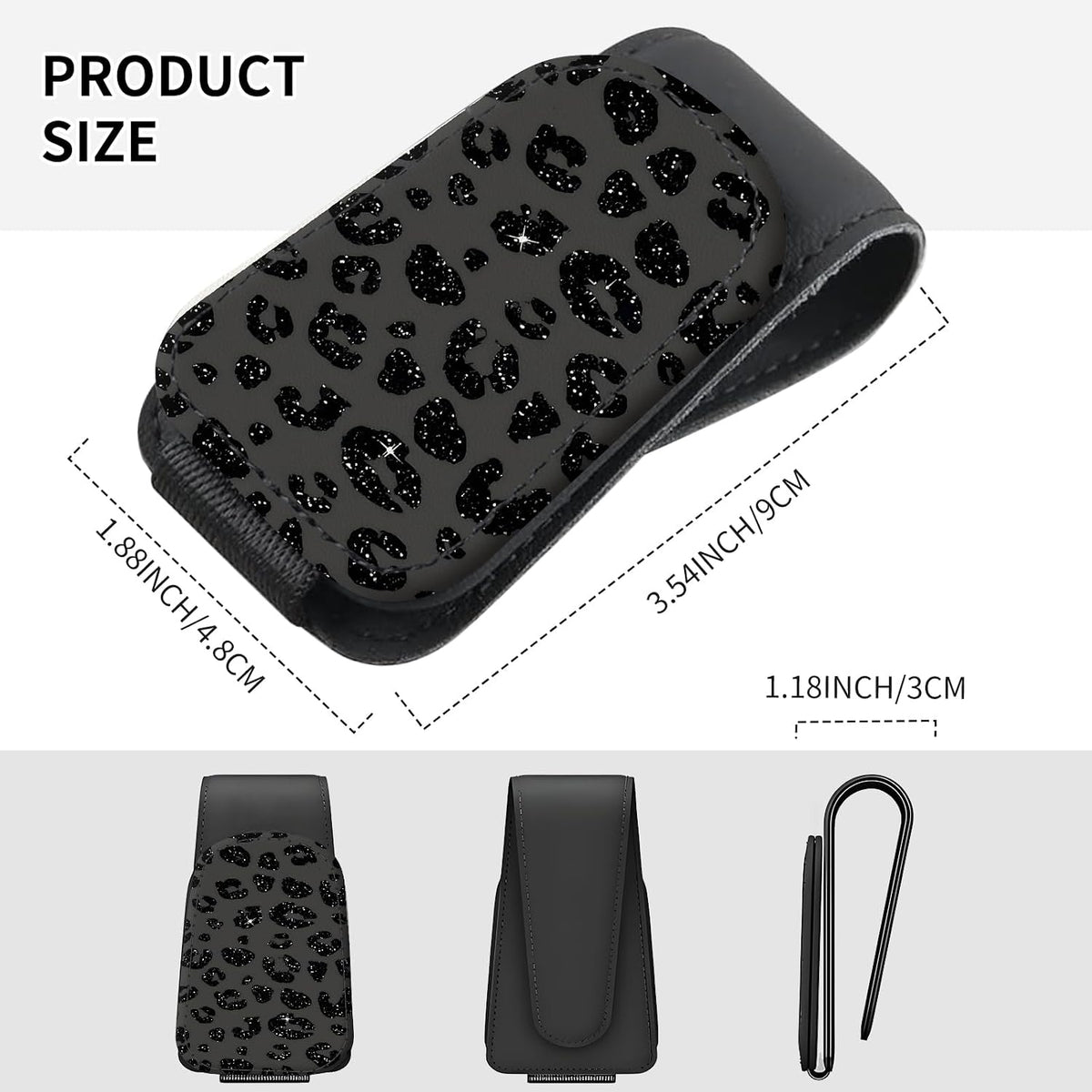 Sunglasses Holder for Car Visor, PU Leather Glasses Clip Organizer, Cute Magnetic Eyeglass Holder for Vehicle Sun Visor, Car Interior Accessory for Women & Men Black Sparkle Leopard