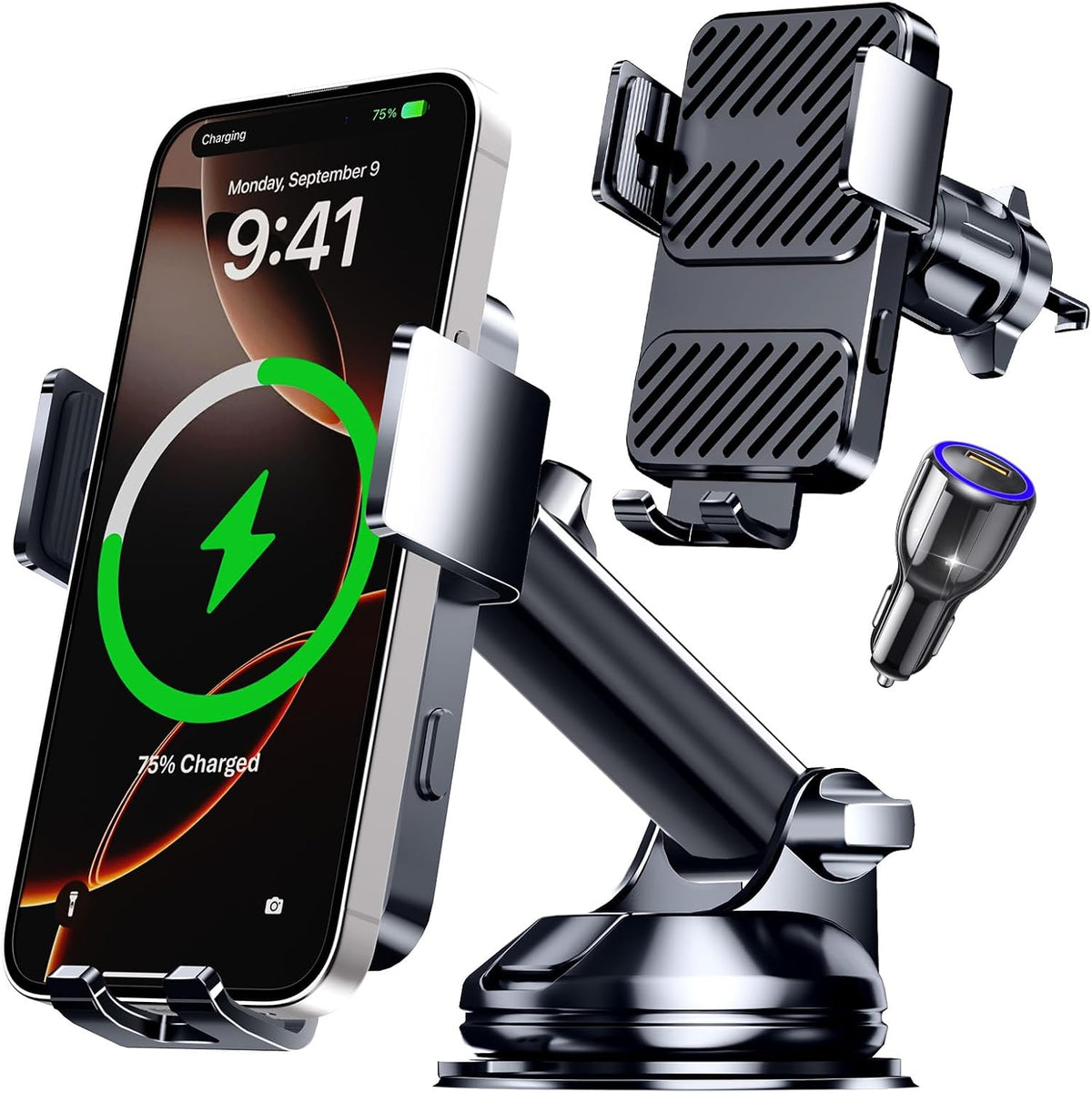 3 in 1 Wireless Car Charger, Phone Holders for Your Car 15W Fast Charging Auto Clamping, Car Phone Mount for iPhone 17 16 15 14 13 Mini Pro Max XR, Samsung Galaxy S25 Ultra S24 S23 S22 S21