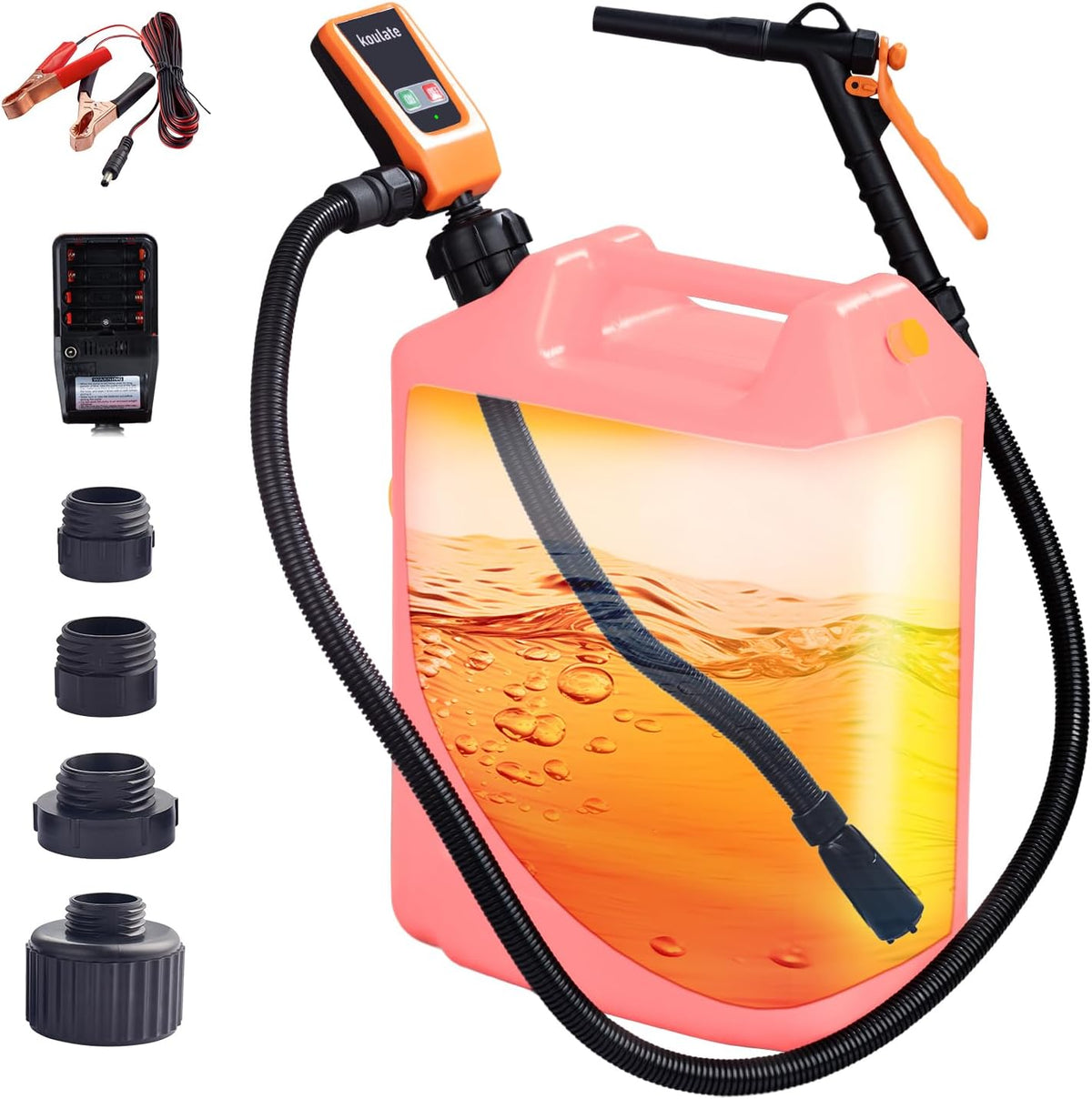 Portable Fuel Transfer Pump, 12V/AA Battery Powered, 3.2 GPM with 51” Hose & 4 Universal Adapters, for Gas, Diesel, Oil – for Car, Boat, Tractor, Lawn Mower, Emergency Kit(orange)