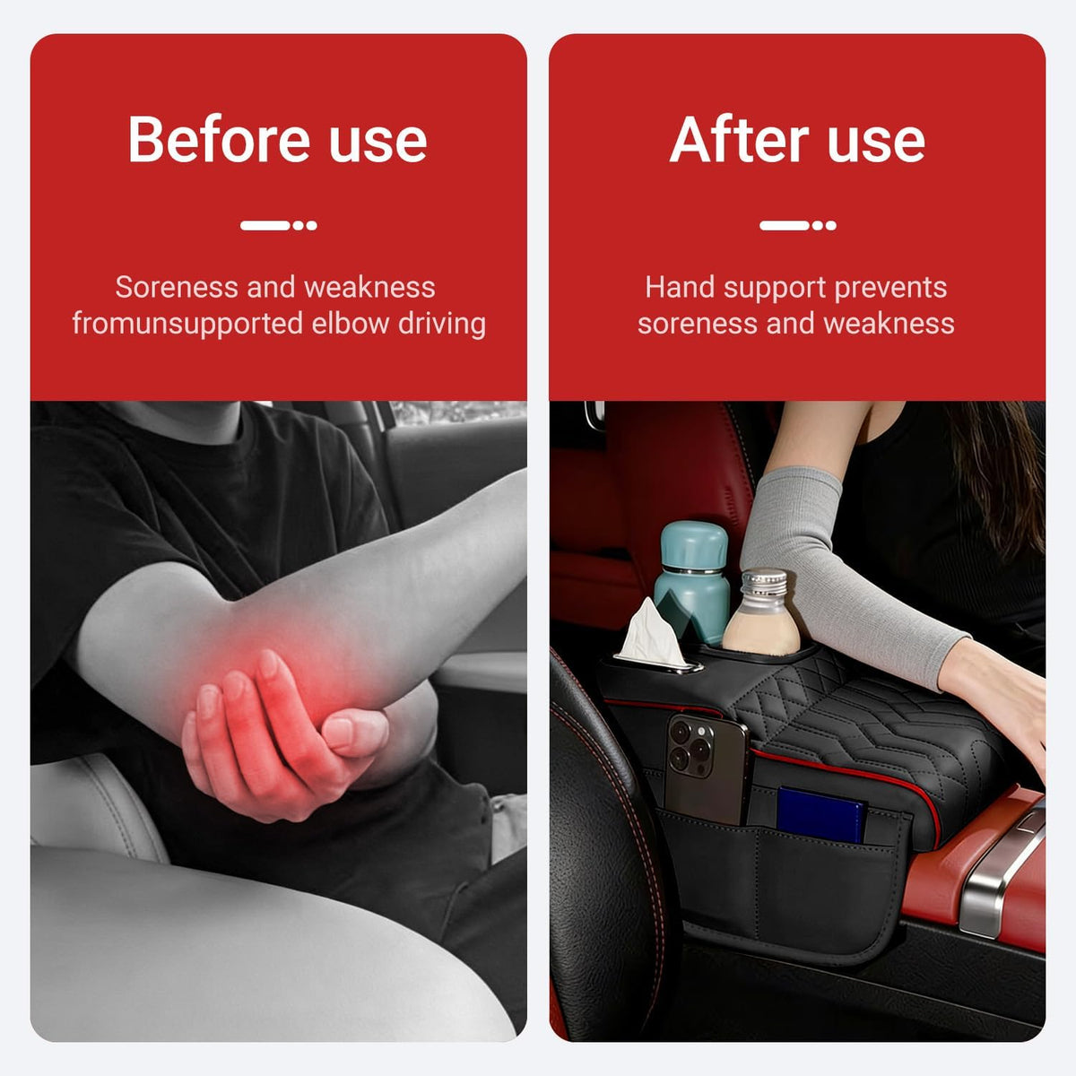 Upgraded Car Center Console Cover,PU Leather Car Armrest Cover Cushion Contains High Elasticity Sponge with Cup Holder,2 Storage Bags Tissue Box (Black-B)