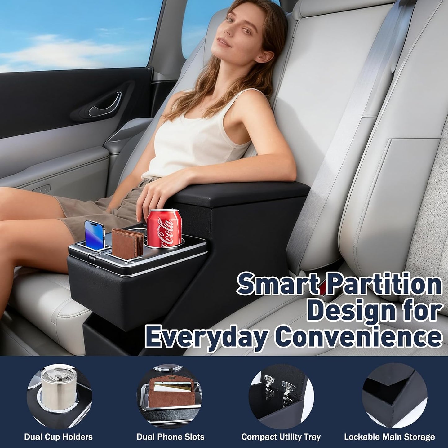 20"L x 9.65"W x 13.78"H, 24L Center Console Between Seats for Minivans, SUVs & Trucks, Floor/Bench Seat Organizer with Locking Hidden Storage, Dual Cup Holders & Armrest, No-Drill Installation
