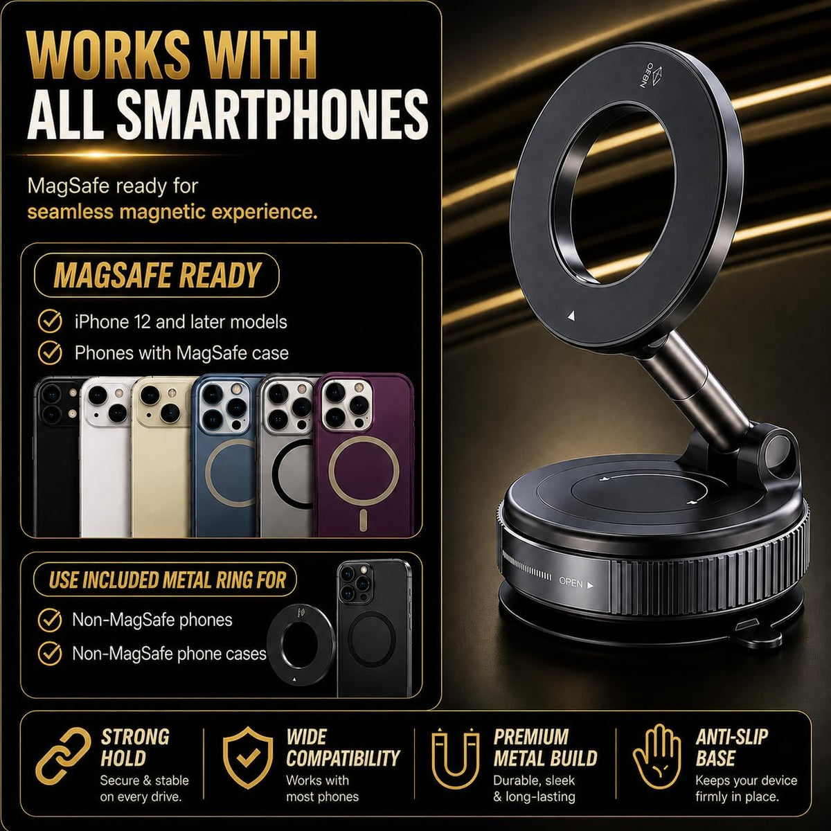 Magnetic Phone Holder for Car – 360° Rotation Vacuum Suction Mount – Strong Magnetic Dashboard & Windshield Phone Stand Compatible with iPhone, Samsung, Google Pixel & All Smartphones