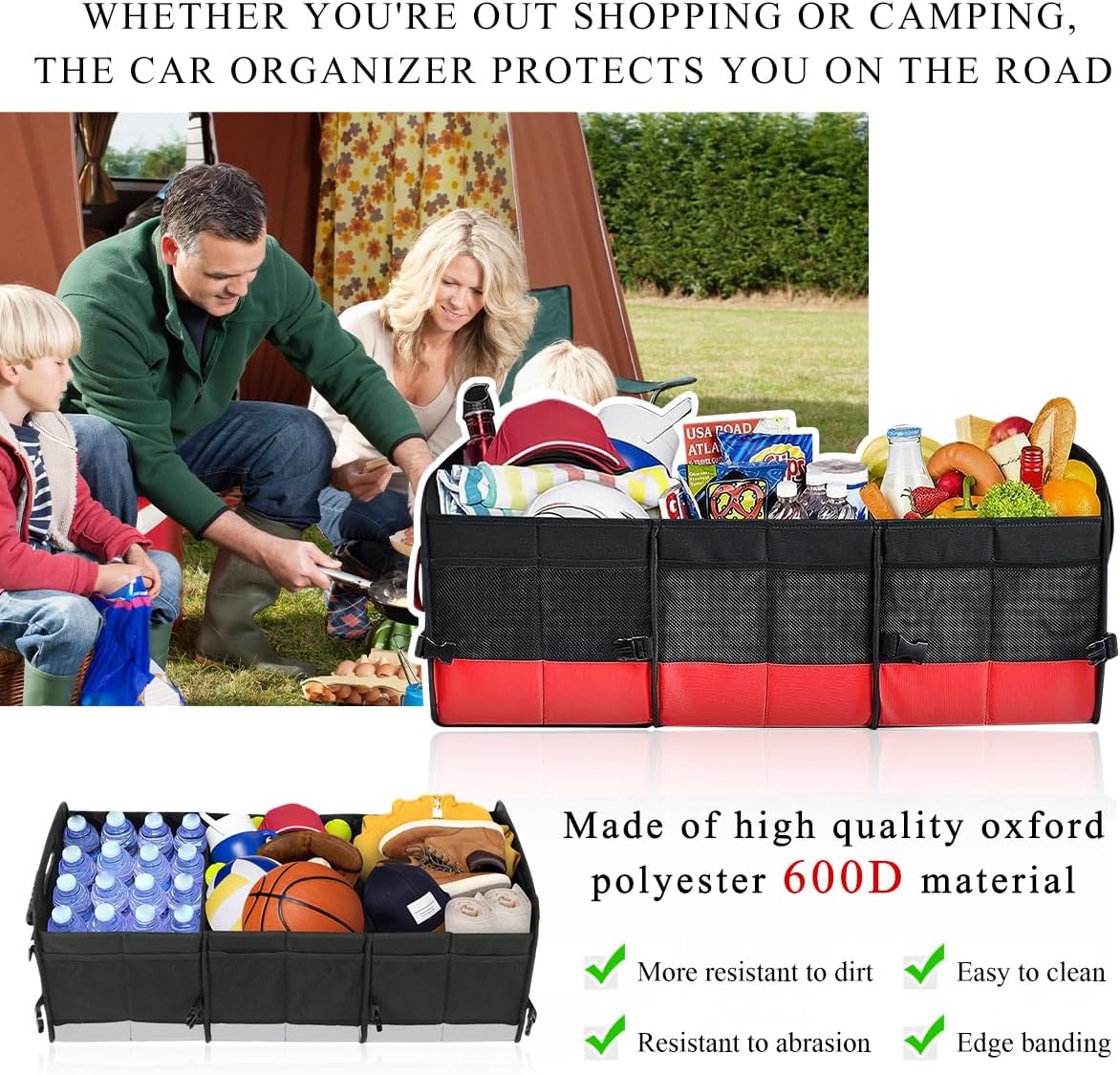 povtii Large Organizer for Car, 95L Stretchable Storage Trunk Organizer with Divided Compartments, Fixed Big Trunk Organizer with Handles & Adjustable Straps, Car Accessories (Black & Red)