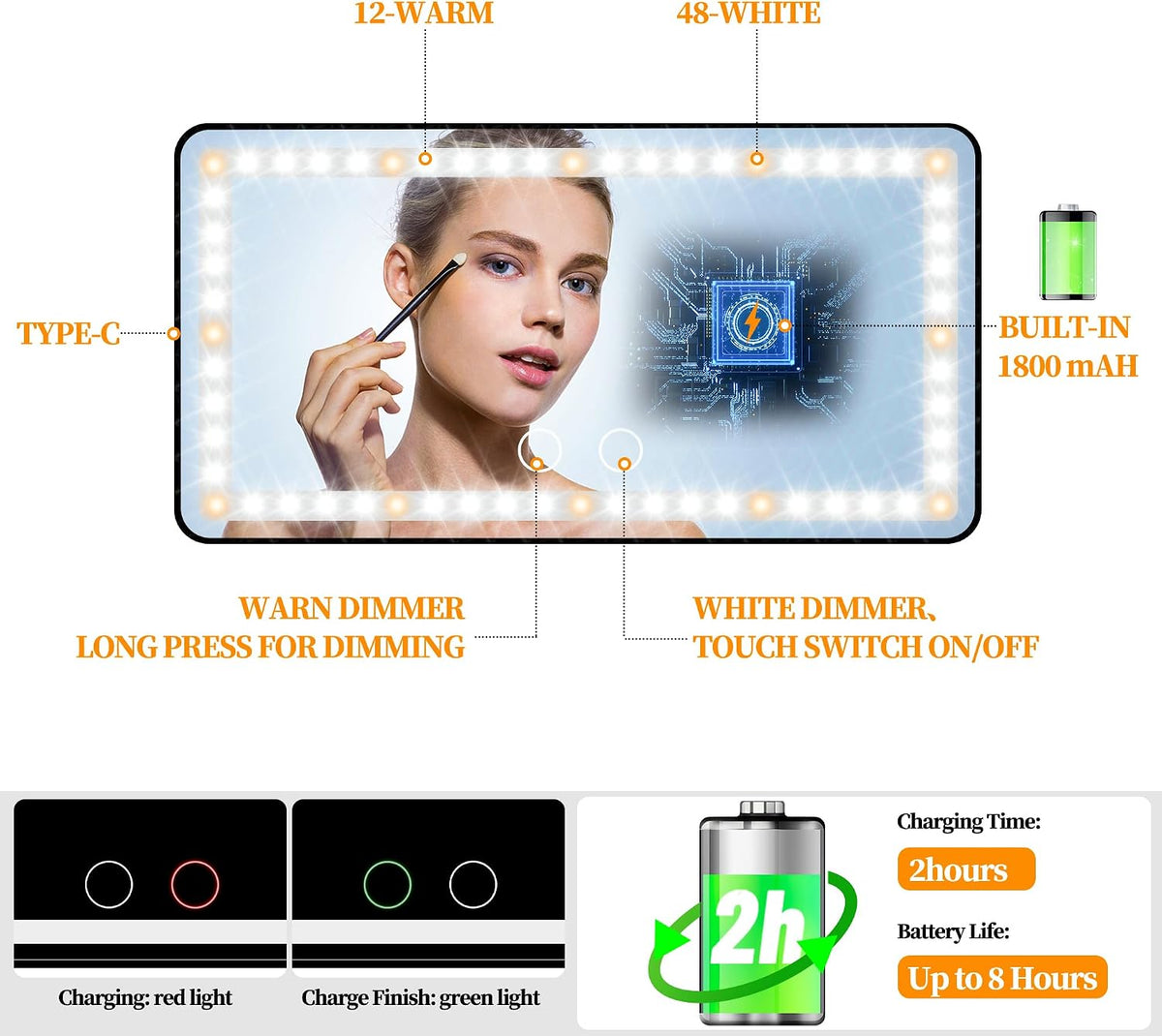 Car Sun Visor Vanity Mirror with Lights, Rechargeable Car Makeup Mirror Accessories, Birthday Gifts for Women Girl, 3 Light Modes, Dimmable Touch Led Screen, Universal for Car Truck