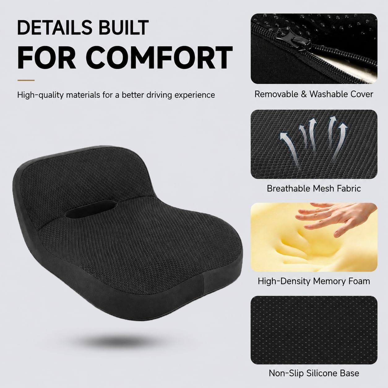 Car Seat Cushion with Integrated Lumbar Support, Memory Foam Pain Relief | Gap-Filling Design, Breathable Mesh Cover, Elevated Seating, Ergonomic Support for Driving Comfort and Long Trips