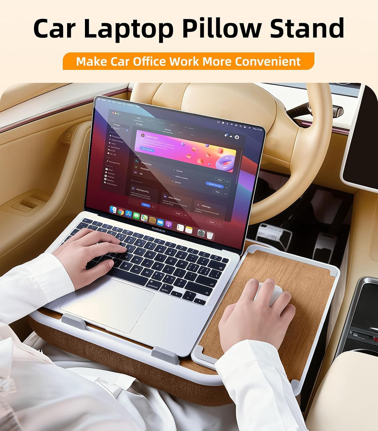 Car Seat Tray Pillow Stand, Laptop Lap Desk with Mouse Pad, Portable Food Tray with Tablet/Kindle Mount Holder, Front/Rear Seat Table for Office/Eating/Reading, Travel Essentials Accessories