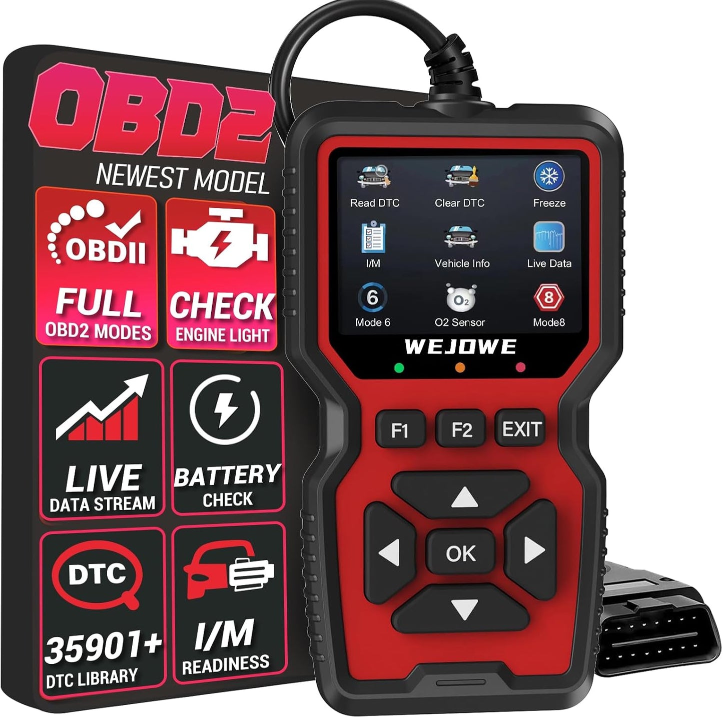 WEJOWE Upgraded OBD2 Scanner Diagnostic Tool, Check Engine Code Reader OBD2 Scanner with Reset, Battery Test Check Engine Light Mode 6, Mode 8 & I/M Car Diagnostic Scan Tool for All OBDII Car