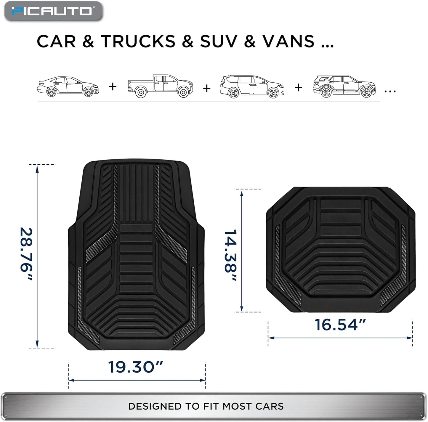 PIC AUTO Heavy Duty Rubber Floor Mats, Black Aluminum Film Car Mats Set, Front and Rear Car Mats with Anti-Slip Backing, All Weather Protection, Trim-to-Fit for Automotive SUV, Sedan, Van