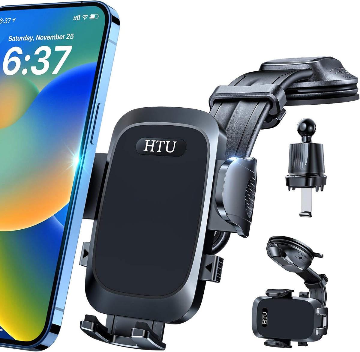 HTU [True Military-Grade Car Phone Holder [2026 Upgraded Strongest Suction & Vent Clip] Cell Phone Car Mount for Dashboard Windshield Vent Truck Cradle Dash Stand,(Black)