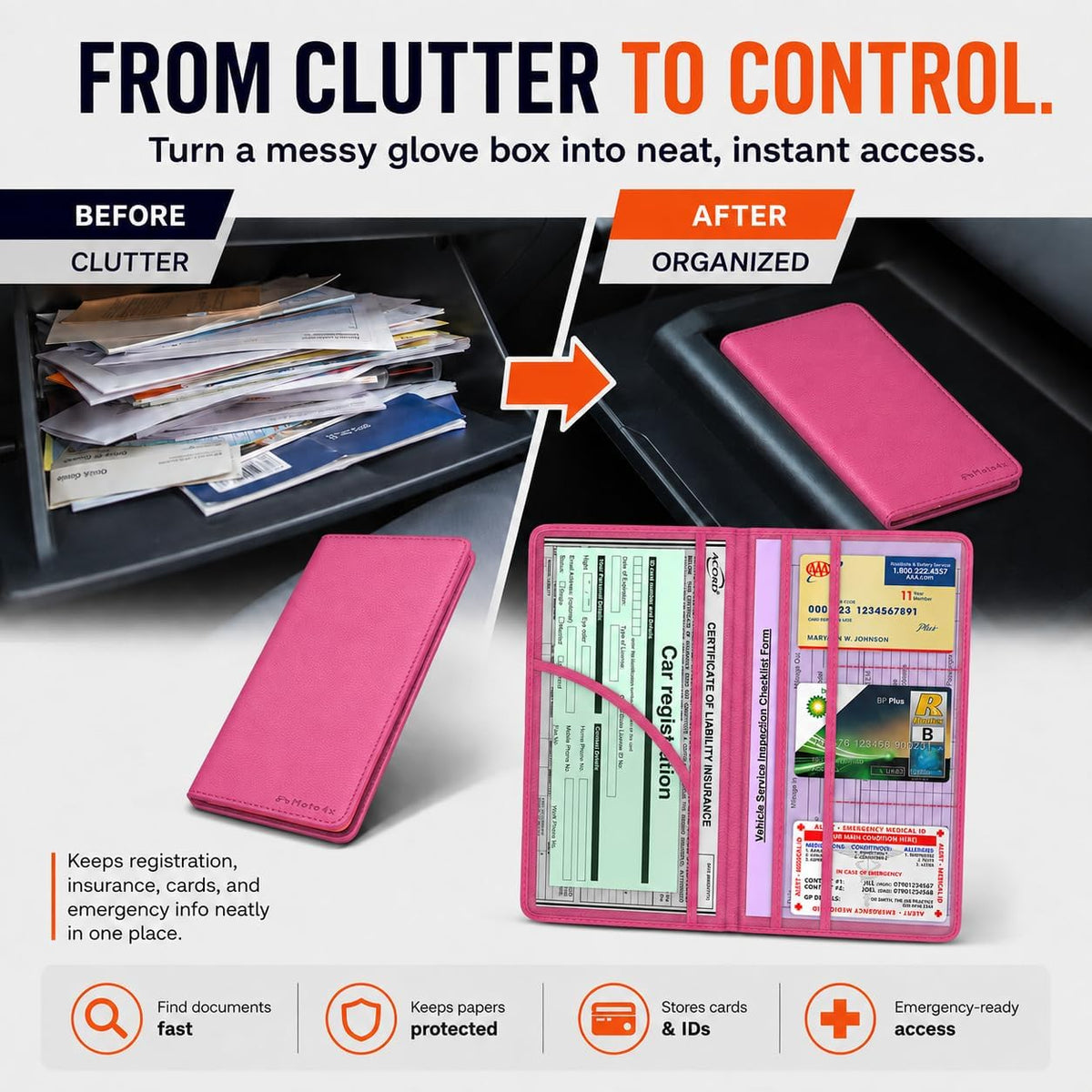 Car Registration and Insurance Card Holder, Pink Premium PU Leather Folder