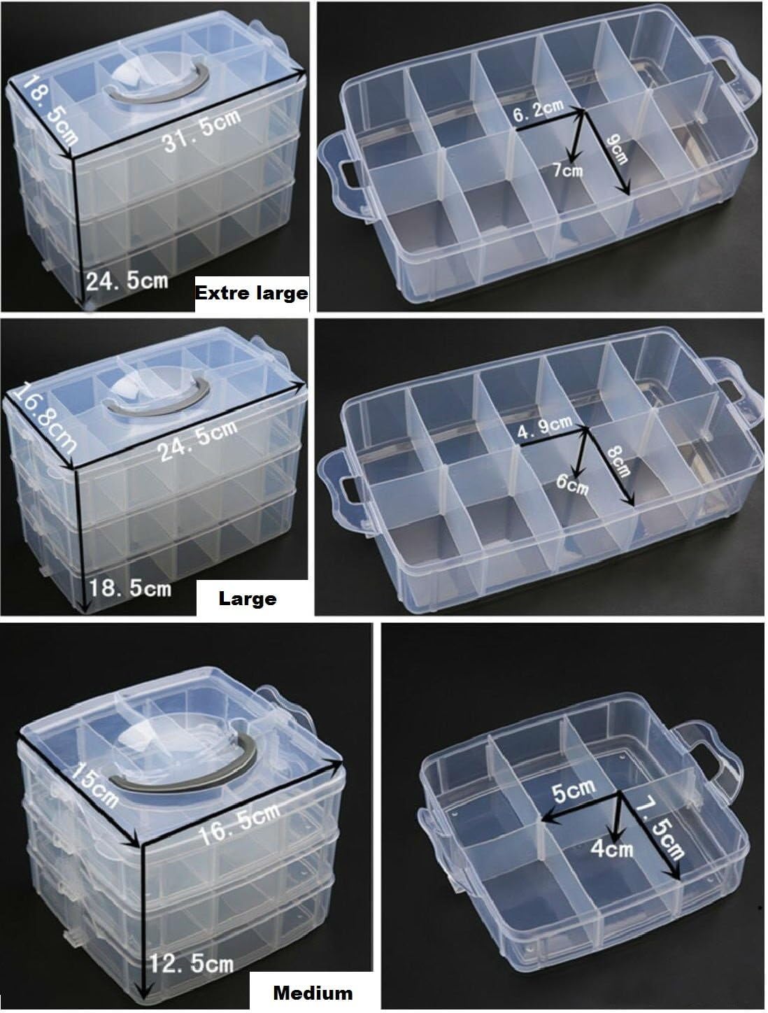 DJUNXYAN 3-Tier 18 Sections Transparent Stackable Adjustable Compartment Slot Plastic Craft Storage Box Organizer for Toy Desktop Jewelry Accessory Drawer Or Kitchen 4 Colors 3 Sizes (Medium Orange)