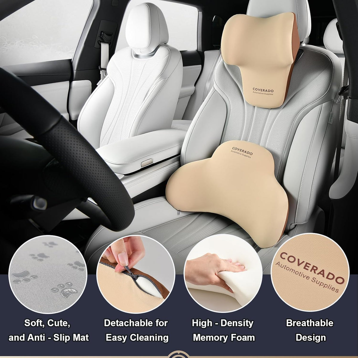 Coverado Lumbar Support and Car Neck Pillow, Ergonomic Memory Foam Desk Chair Cushion and Headrest Pillow for Car Office Chair, Sciatica & Neck & Tailbone Cushion