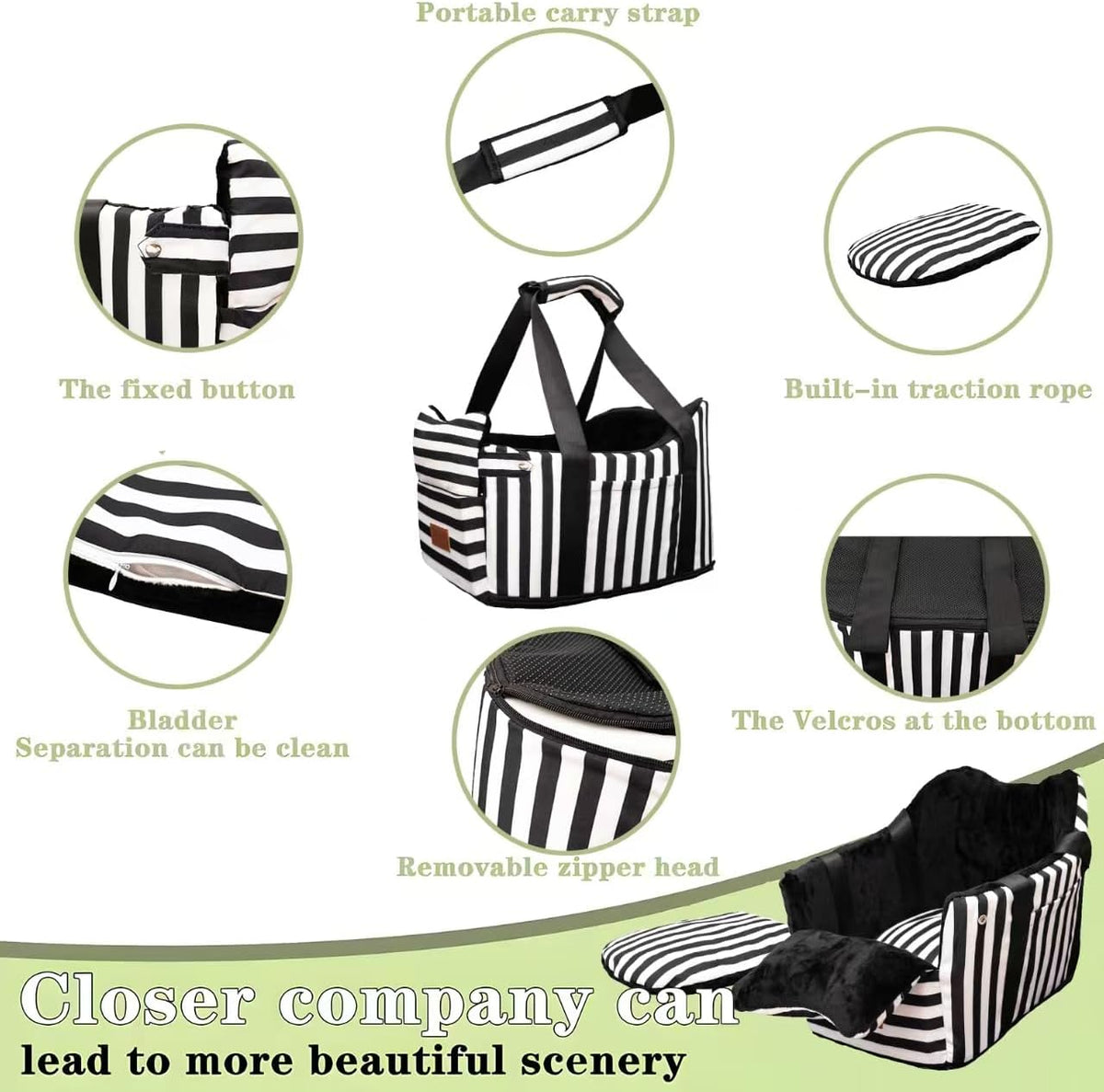 Dog Car Seat for Small Dogs Under 15 lbs – Center Console Pet Carrier with Safety Belt, Storage Pockets, Removable Washable Cover – B&W Stripes, Secure & Comfortable for Small Puppies/Cats