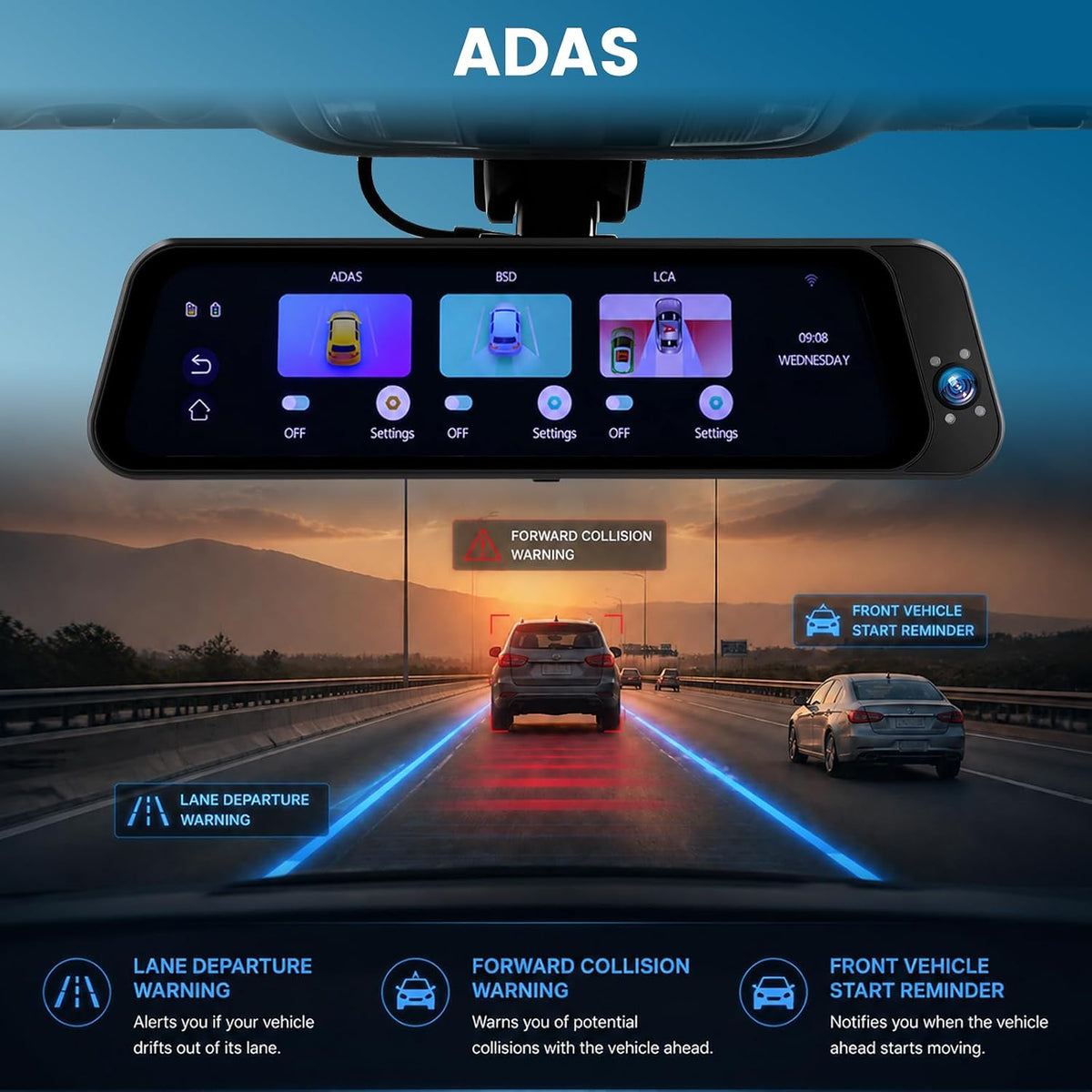 4K Mirror Dash Cam 3 Channel Front, Rear and Inside, with WiFi&APP Control