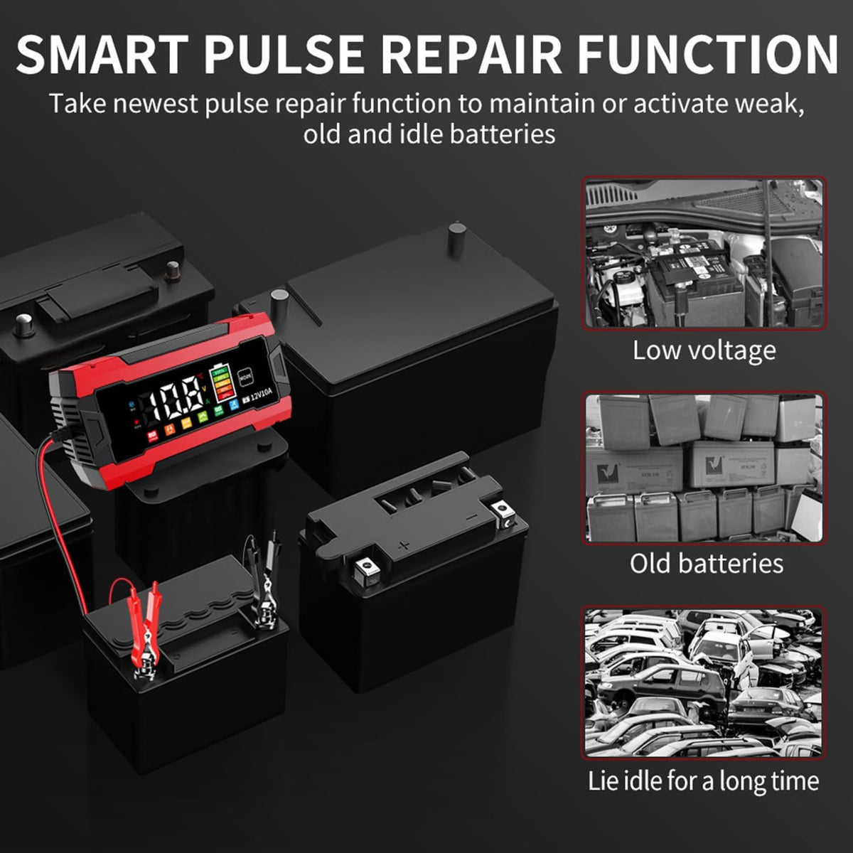 12V 10-Amp Battery Charger, Smart Trickle Charger Maintainer, 12V Lead-Acid LiFePO4 Lithium Battery Charger, Auto Battery Repair & Desulfator, Temperature Compensation for Car Truck Motorcycle Boat