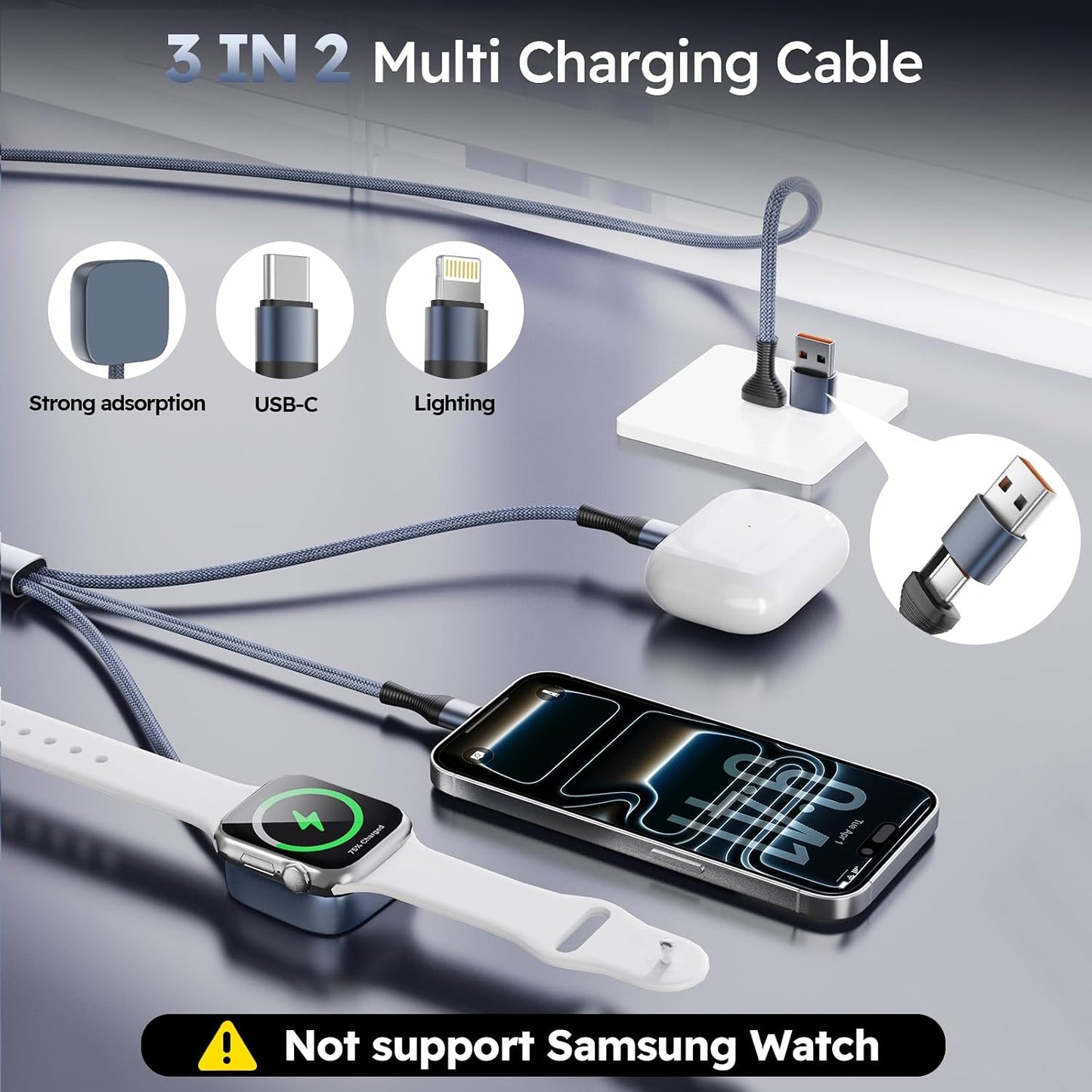Cruise Essentials 2026, 3 in 2 Multi Charging Cable for iPhone Watch Charger/iPhone 17/IP, iWatch Charger, Travel Camping Essentials Compatible with iWatch 11-2/Ultra/iPhone 17-8,Car (4FT, Gray)