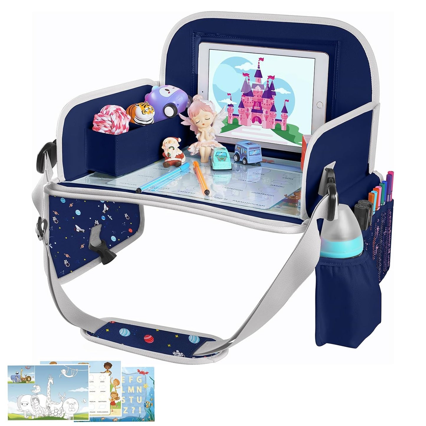 MENZOKE Kids Travel Tray, Car Seat Tray for Kids Travel, Toddler Essentials | Road Trip Activities Accessories with Tablet Holder, Cooler Cup Holder, Dry Erase Board & Storage Pocket for Airplane, Blue