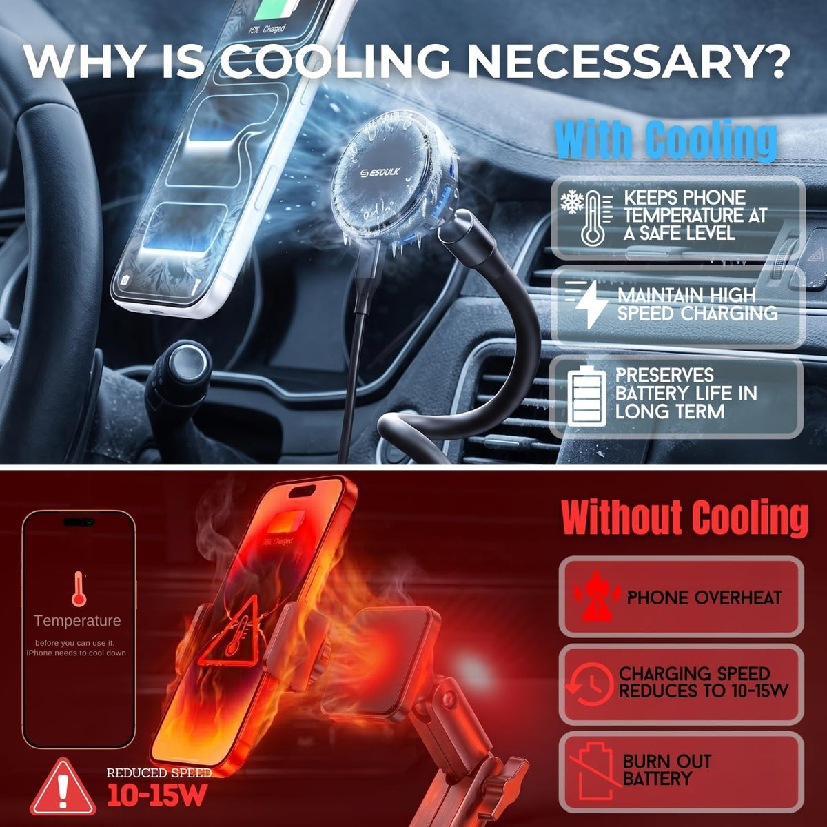 Qi2 25W Cooling Wireless Charger 15 Inch Cup Holder Phone Mount