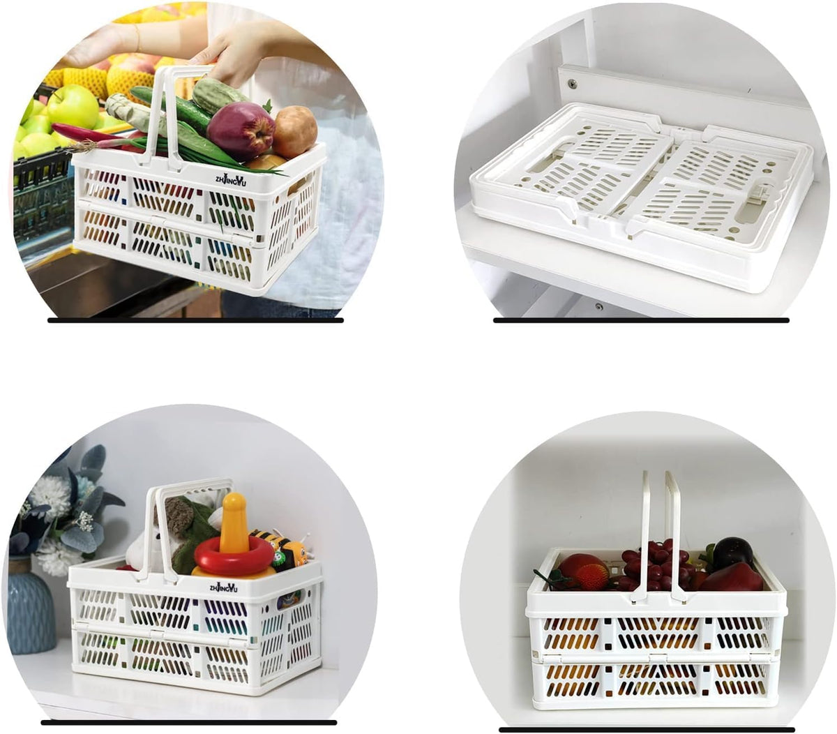 ZHJINGYU Plastic Basket Storage Crates,2-pack Plastic Baskets for organizing,Collapsible Shopping Basket,Foldable Crate with Handles,Collapsible Crate for Car,Kitchen,Bathroom,Medicine Grocery