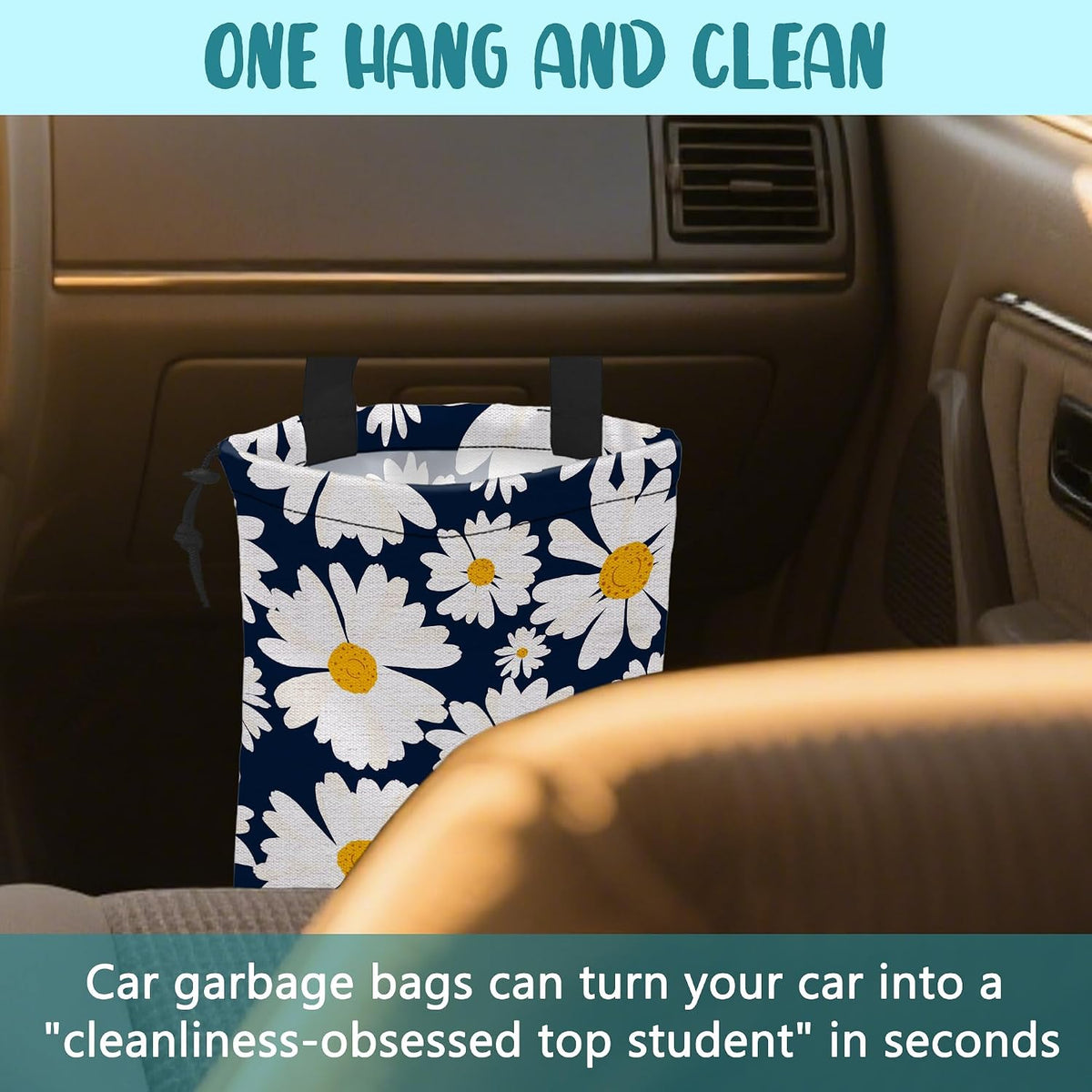 Car Trash Bag Chamomile Flower Hanging Drawstring Car Organizer and Storage Bag with Adjustable Buckle Canvas Garbage Bin for Back Seat or Hanging Headrest Car Decor Road Trip Essentials