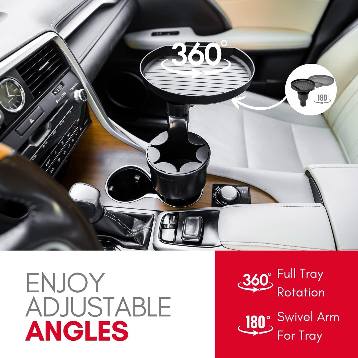 Macally Car Cup Holder Tray and Cup Holder Expander with Phone Slot - Enjoy Your Meal - 9" Car Food Tray Table and Drink Holder for Yeti, Hydroflask, etc.