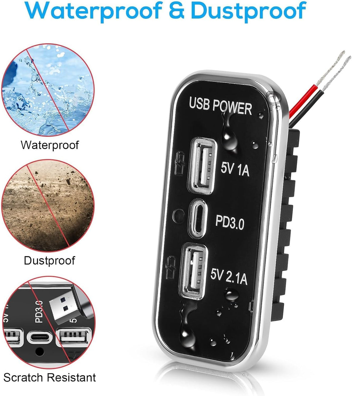 Linkstyle 12V USB Outlet, Dual USB A & 18W USB C Fast Charger Socket Panel with LED Light Flush Mount for Car Marine RV Truck