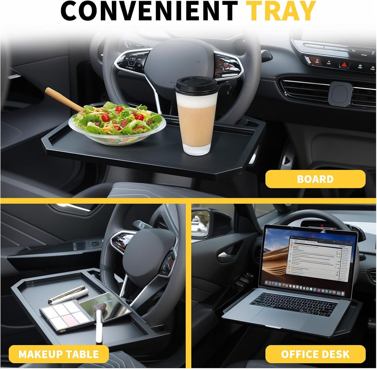 Steering Wheel Tray,Black Car Table Tray for Eating,Steering Wheel Desk for Laptop Food and Car Accessories,Fits Most Vehicles Steering Wheels