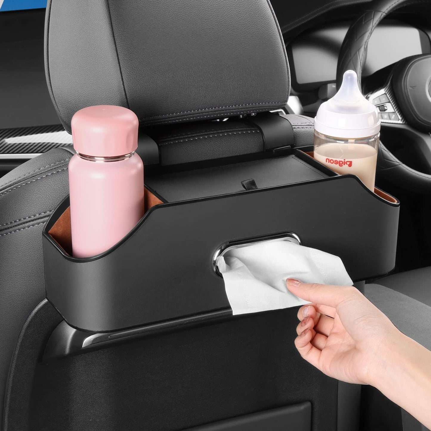 Car Seat Back Organizer - Stylish &amp; Functional Storage for Family Adventures - Cup Holders, Tissue Box &amp; Hooks - Perfect for Kids, Road Trips &amp; Travel (Black)