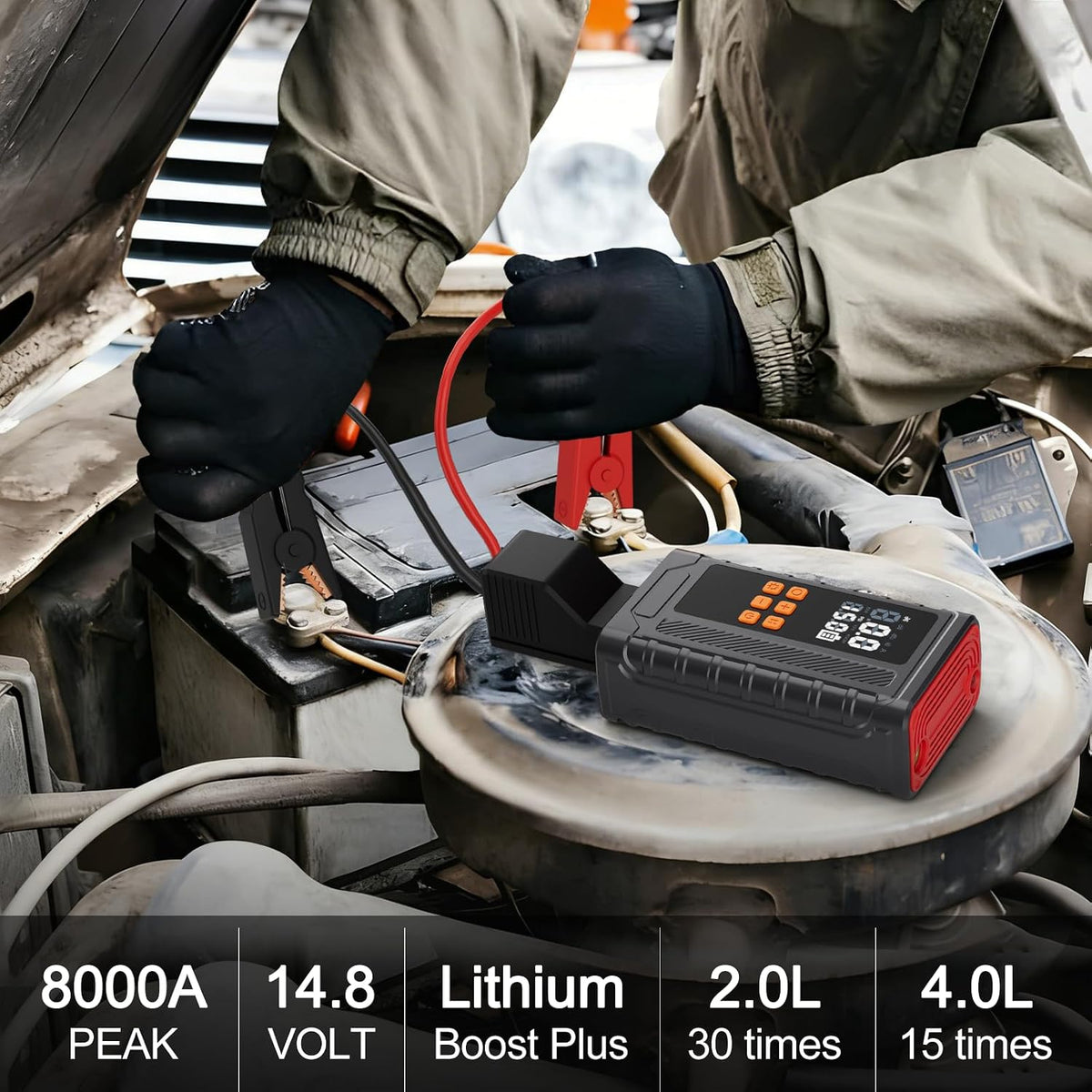 Portable Car Jump Starter with Air Compressor, 14.8V 2000 * 4mAh Battery Booster, 150PSI Tire Inflator, Power Bank & LED Flashlight for Roadside Emergencies & Travel