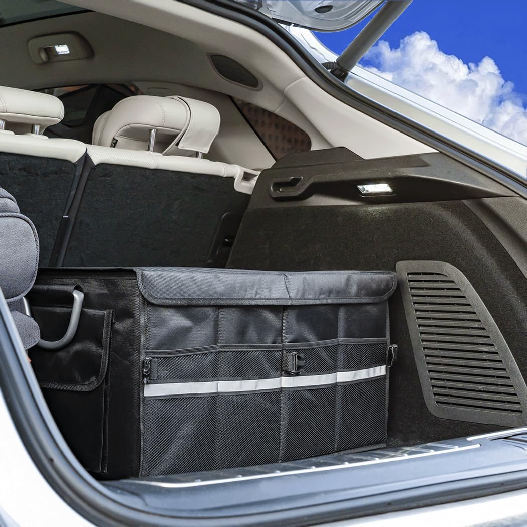 Trunk Organizer With Lid,Medium,Black 55L,For SUV Car Truck,Collapsible Waterproof Oxford Fabric,Portable Multipurpose sorting,3-Compartments with Aluminium Alloy Handle