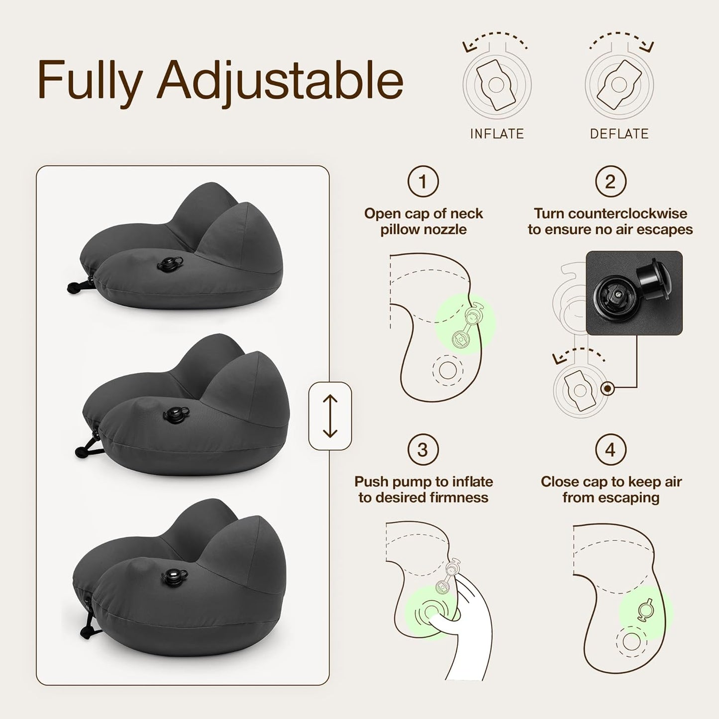 Coop Home Goods AirJustable Travel Neck Pillow, Inflatable, Adjustable Support for Neck & Chin, Compact, Soft Memory Foam Comfort, Airplane Travel Essentials, Cooling & Washable Cover