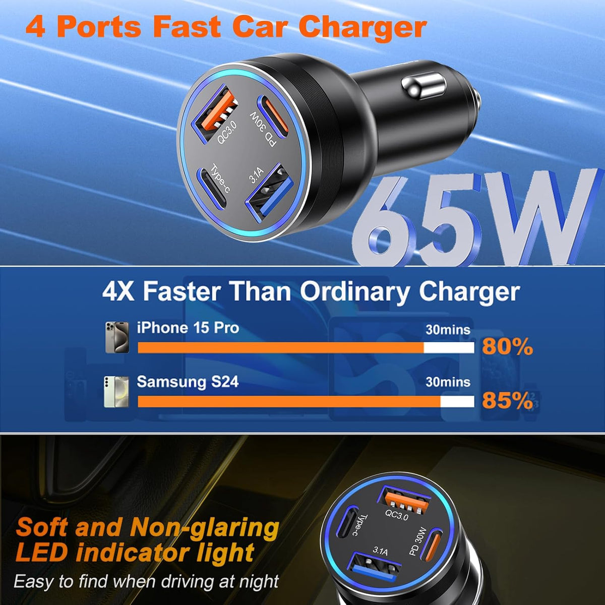 65W USB C Car Charger, 4-Port Cigarette Lighter Adapter PD30W Fast Charging
