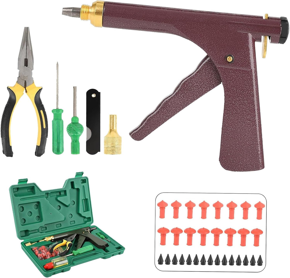 Motorcycle & Car Tire Repair Kit with Plugs Universal Tire Repair Tools for Punctures & Plug Flats Includes Mushroom Plug & Rubber Nail Kit for Motorcycle, Car, ATV, Tractor, Trailer, ARB