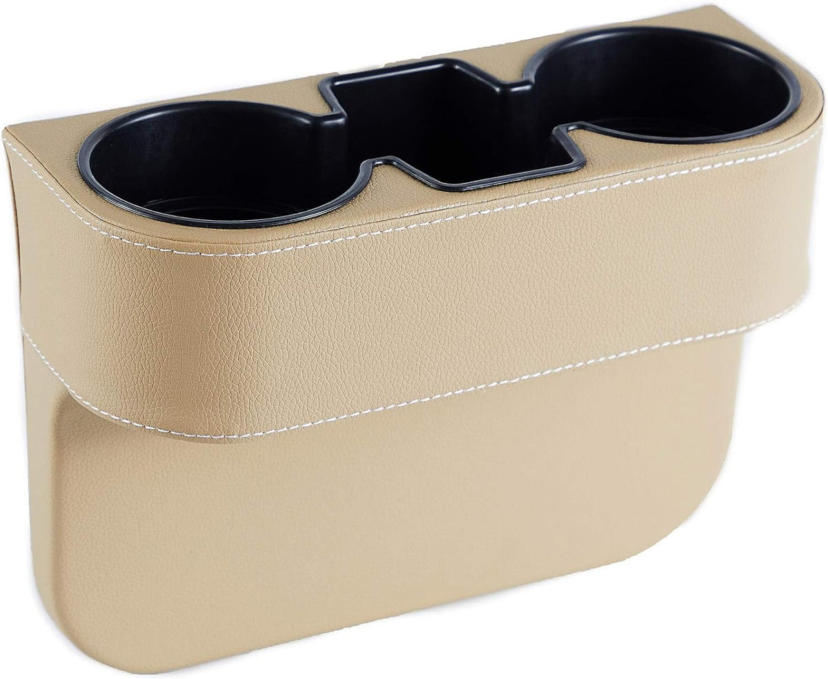 IOKONE Cup Holder for Car, Console Side Pocket, PU Leather Cover, Beige