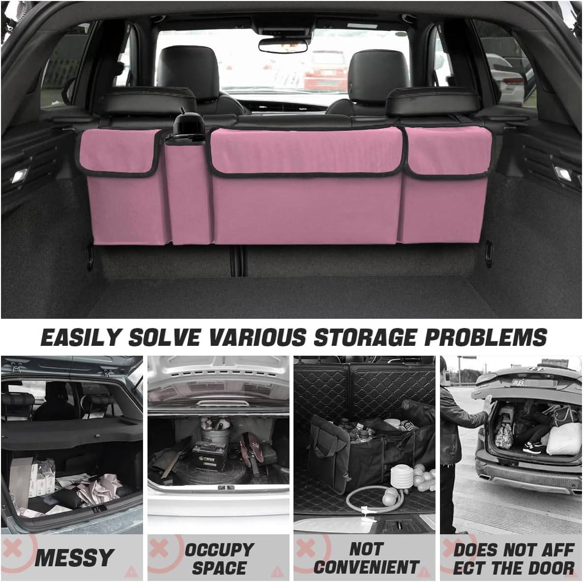 AUCELI Car Trunk Organizer, Backseat Hanging Large Storage with Adjustable Straps, Waterproof Collapsible Cargo Bag with 4 Pockets, Sturdy Space Saver Frees Trunk Floor for SUV, Truck, MPV