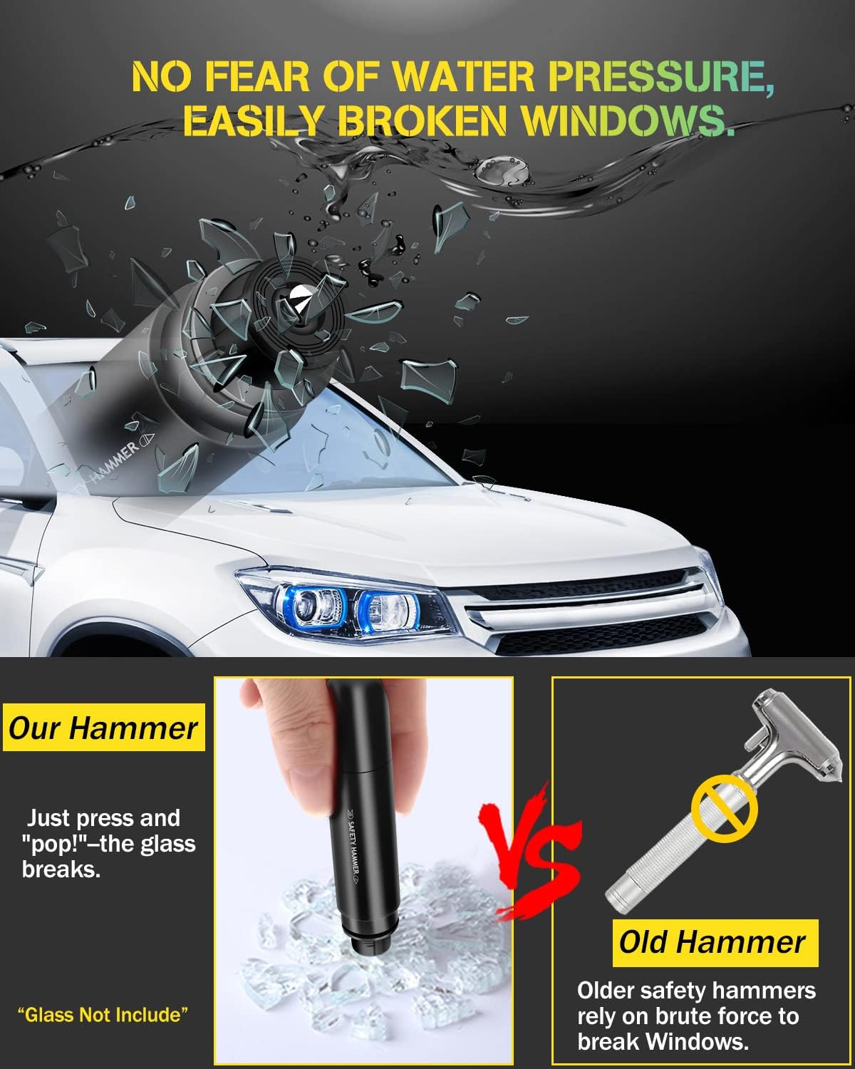2 Pack Safety Hammer Emergency Car Glass Window Punch Breaker and Seatbelt Cutter, Multifunctional Portable Venicle Eascape Glass Breaker Tool with Seatbelt Cutter(Black*2)