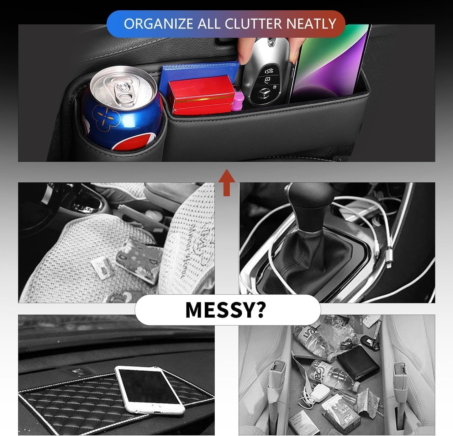 2025 New Car Seat Gap Filler Organizer, Car Seat Gap Filler with Cup Holder and Storage for Keys, Cards, Phone, Sunglasses and Small Items (Black, A Pair)