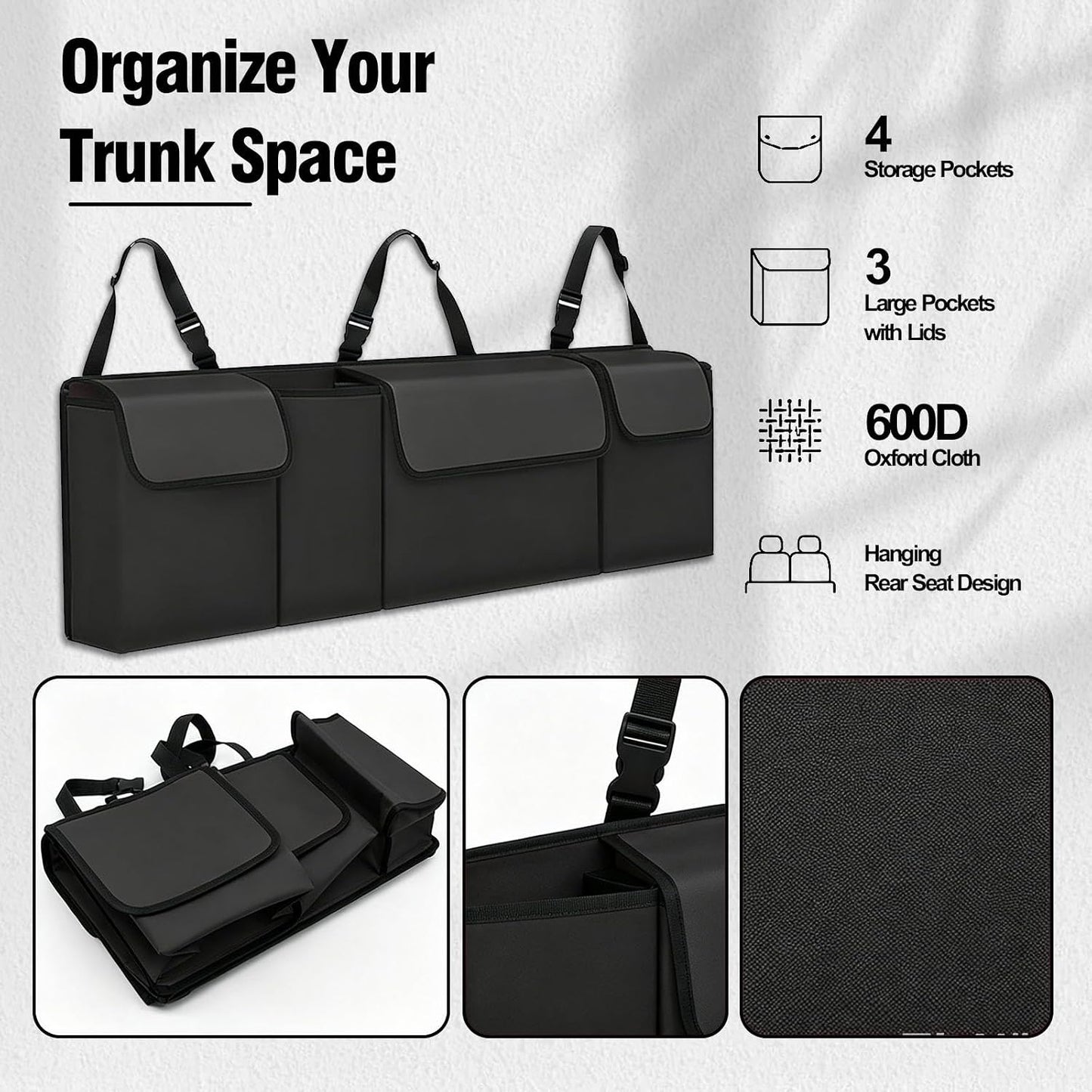Car Trunk Organizer, Waterproof Backseat Hanging Large Storage with Adjustable Straps, Collapsible Cargo Bag with 4 Pockets, Sturdy Space Saver Frees Trunk Floor for SUV, Truck, MPV (Black)
