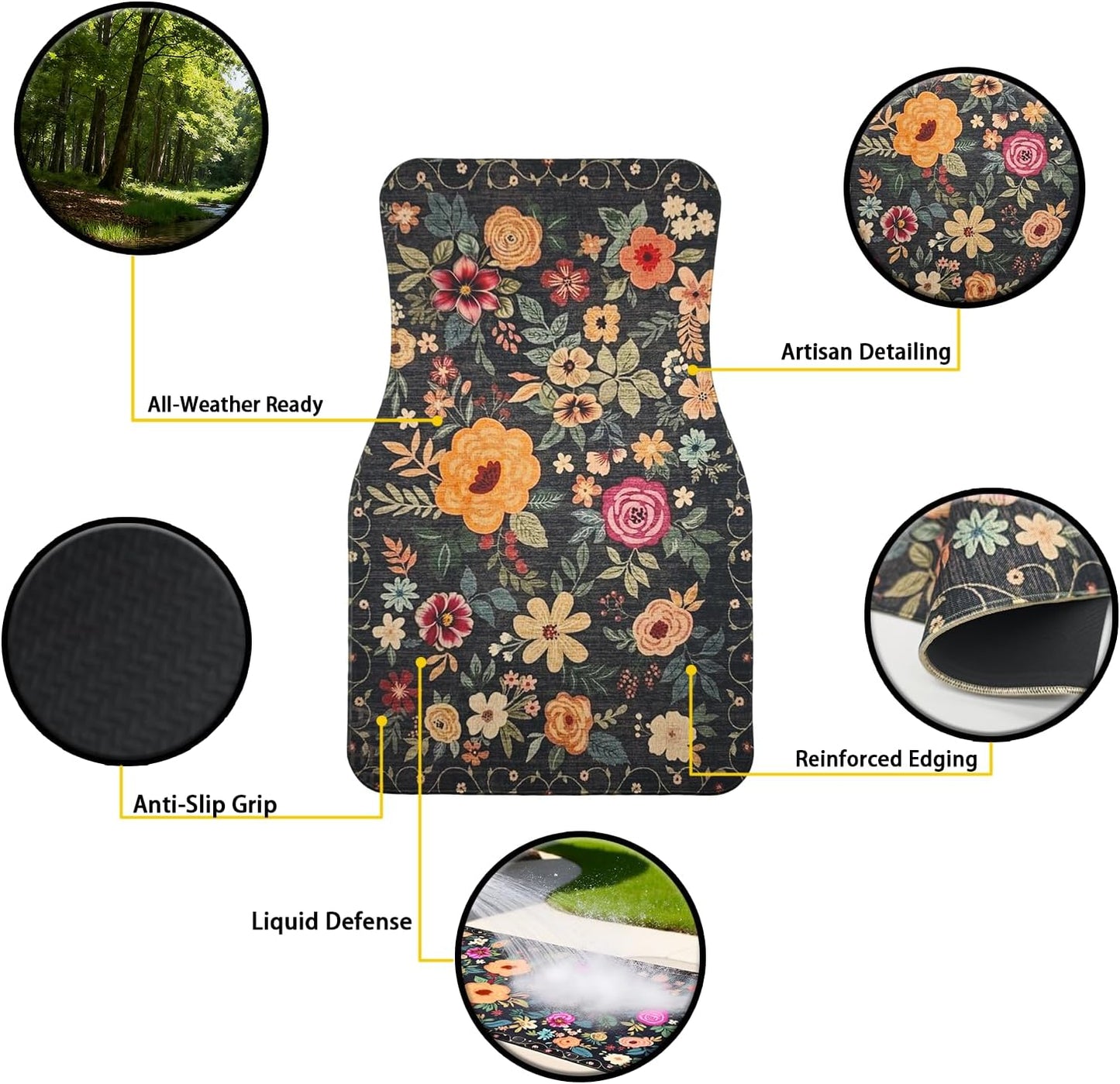 Premium Linen Boho Car Floor Mats Full Set, Vintage Floral Design | Waterproof & non-slip all-weather mats, universal fit for SUV Sedan, luxury car interior accessories for men and women