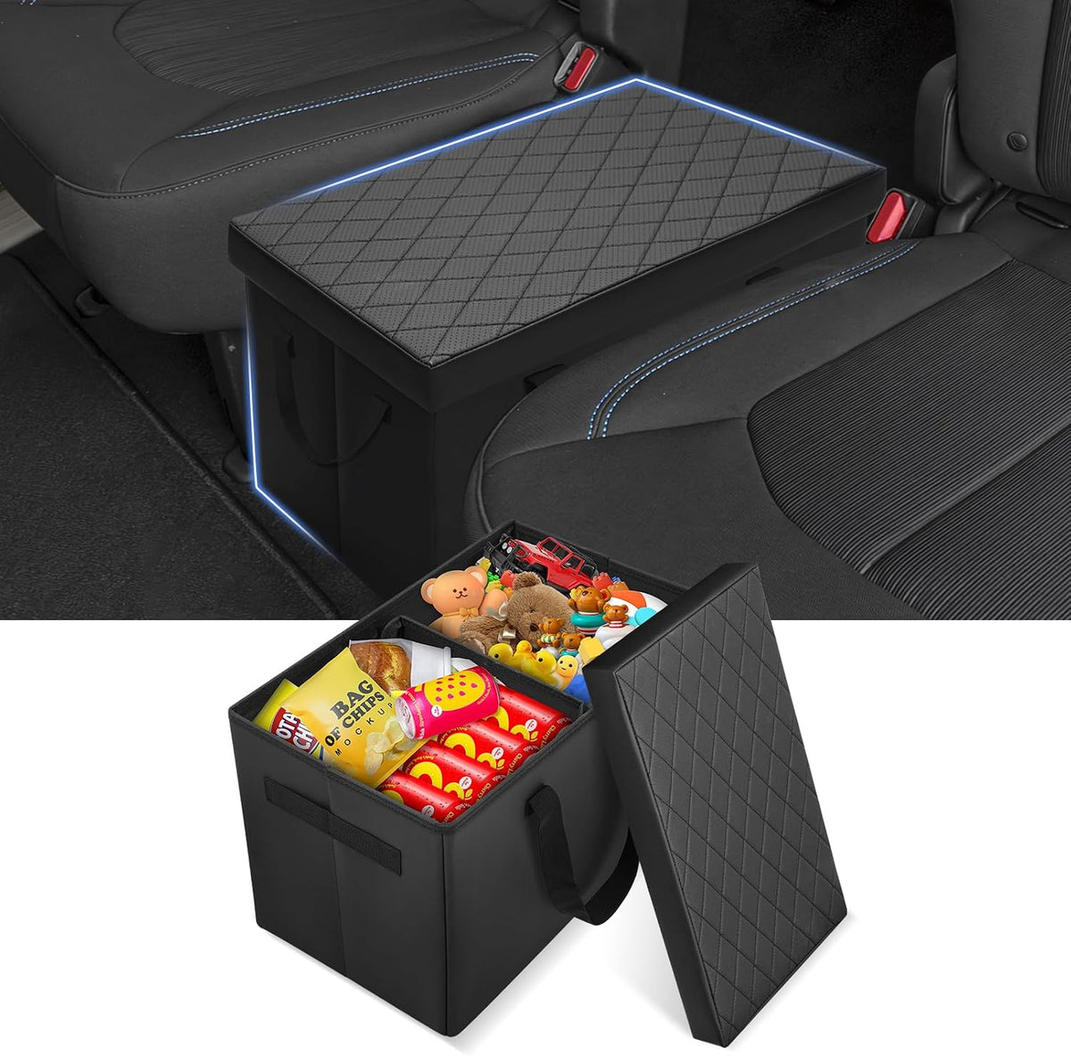 Autorder Car Seat Organizer for 2017-2025 2026 Chrysler Pacifica Accessories Portable Backseat Organizer with Lid Handles Multipurpose Car Floor Storage for Kids Toys Baby Products Daily Necessities