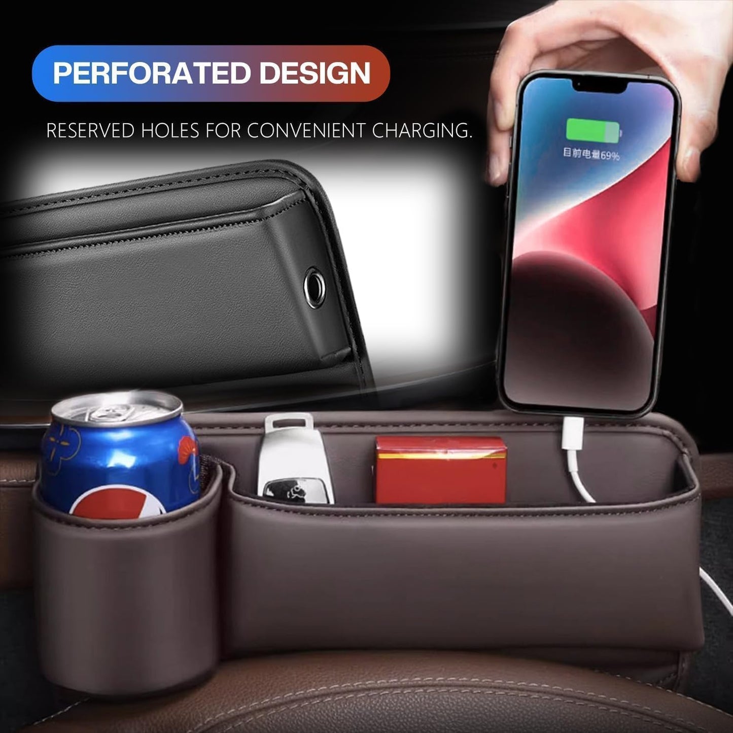 2025 New Car Seat Gap Filler Organizer, Car Seat Gap Filler with Cup Holder and Storage for Keys, Cards, Phone, Sunglasses and Small Items (Black, A Pair)