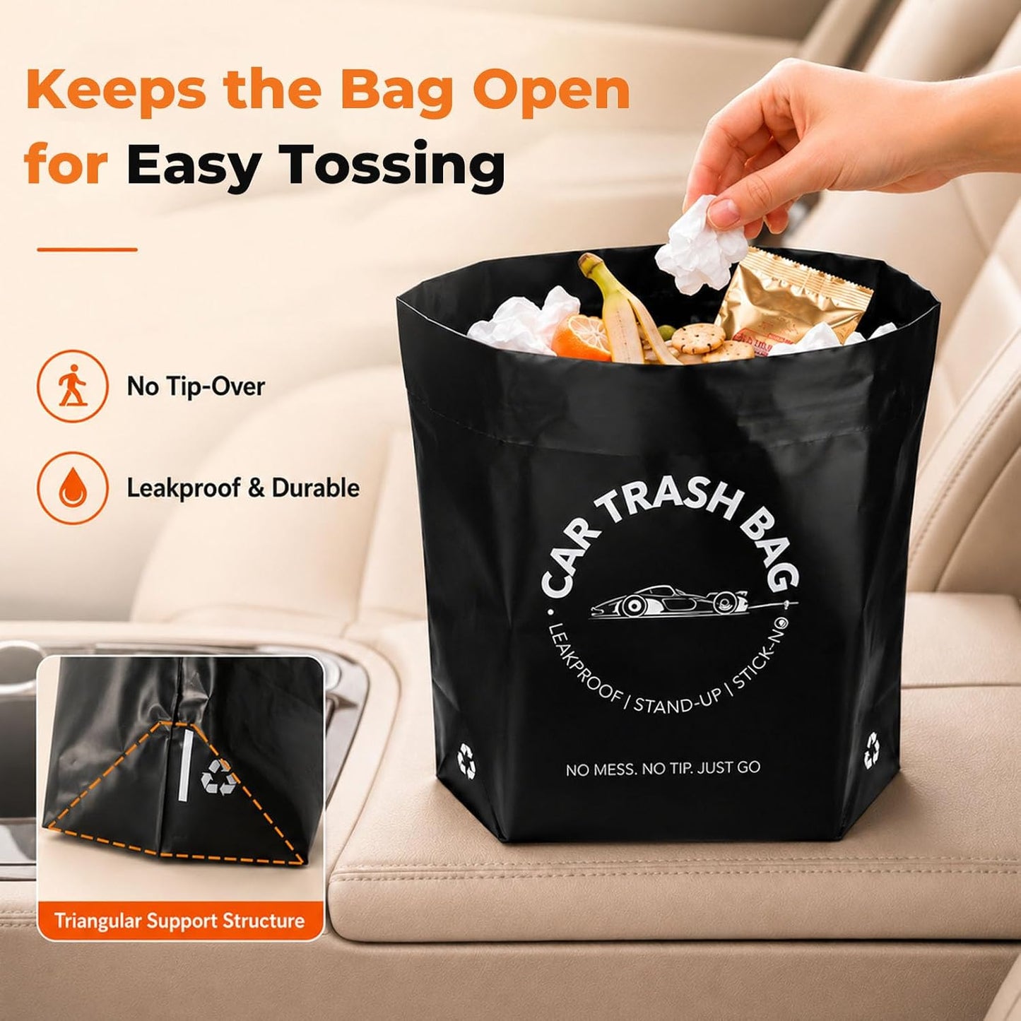 COZILO Disposable Car Trash Bags, 60 Count Stand-Up & Stick-On Car Garbage Bags, 2 Gallon Leakproof Odor Seal Heavy Duty Car Trash Can Alternative for Car SUV Truck