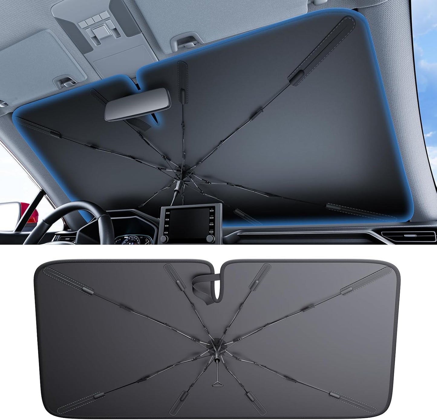 Wigoo Ice-Shield Car Windshield Sun Shade [100% Sun Block, 4th-Gen Cooling Tech] Reflective Heat Insulation, Portable Foldable Front Window Sunshade Umbrella for Sedans/SUVs - Universal Fit 56"x35"